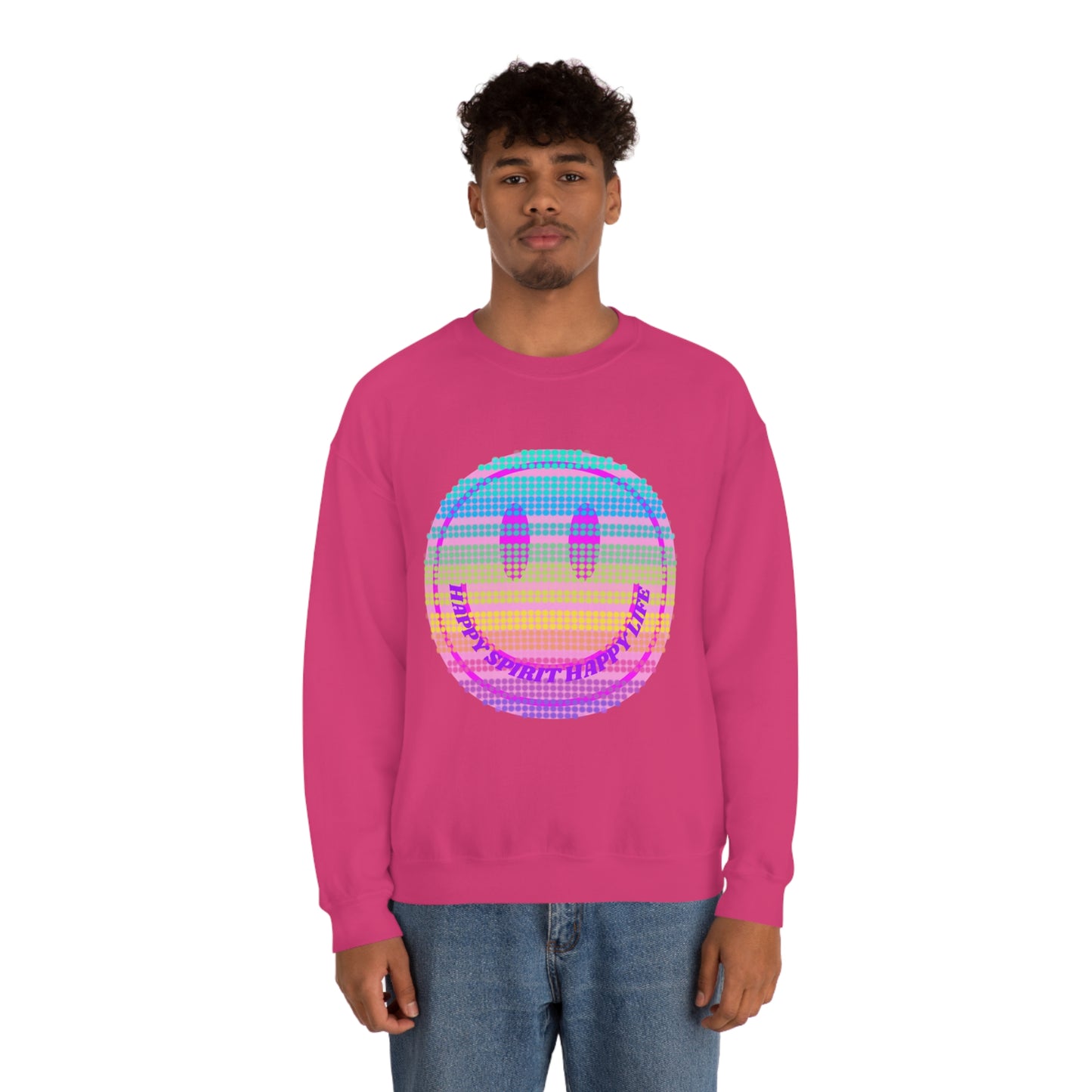 Happy Spirit Happy Life Sweatshirt, VSCO Girl Crewneck, Oversized Retro Font Graphic Tumblr, Front Print Smile Face Trendy Cover Up