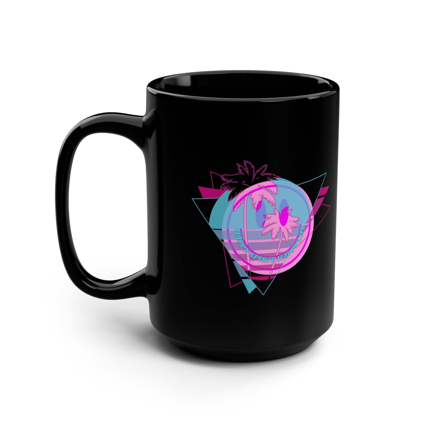 Mug, 15 Oz Retro Happy Spirit Happy Life Aesthetic Mug, Smile Face Mug, Trendy Coffee Mug, Tumblr Mug, Aesthetic Happy Life Gift, Black Mug