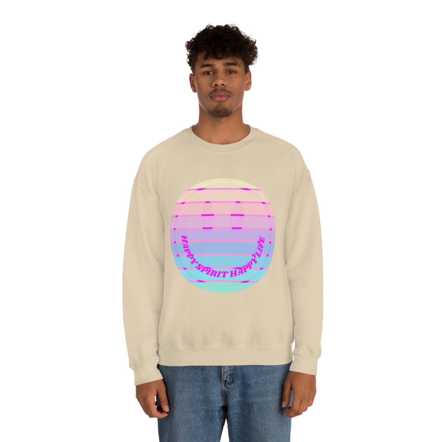 Happy Spirit Happy Life Sweatshirt, VSCO Girl Crewneck, Oversized Retro Font Graphic Tumblr, Front Print Smile Face Trendy Cover Up