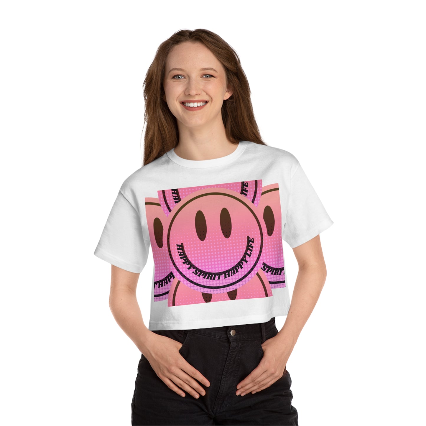 Aesthetic Smile Face Crop Shirt, Happy Spirit Happy Life Cropped Shirt, Smile Pink Sunset Ombre Champion Women's Heritage Cropped T-Shirt