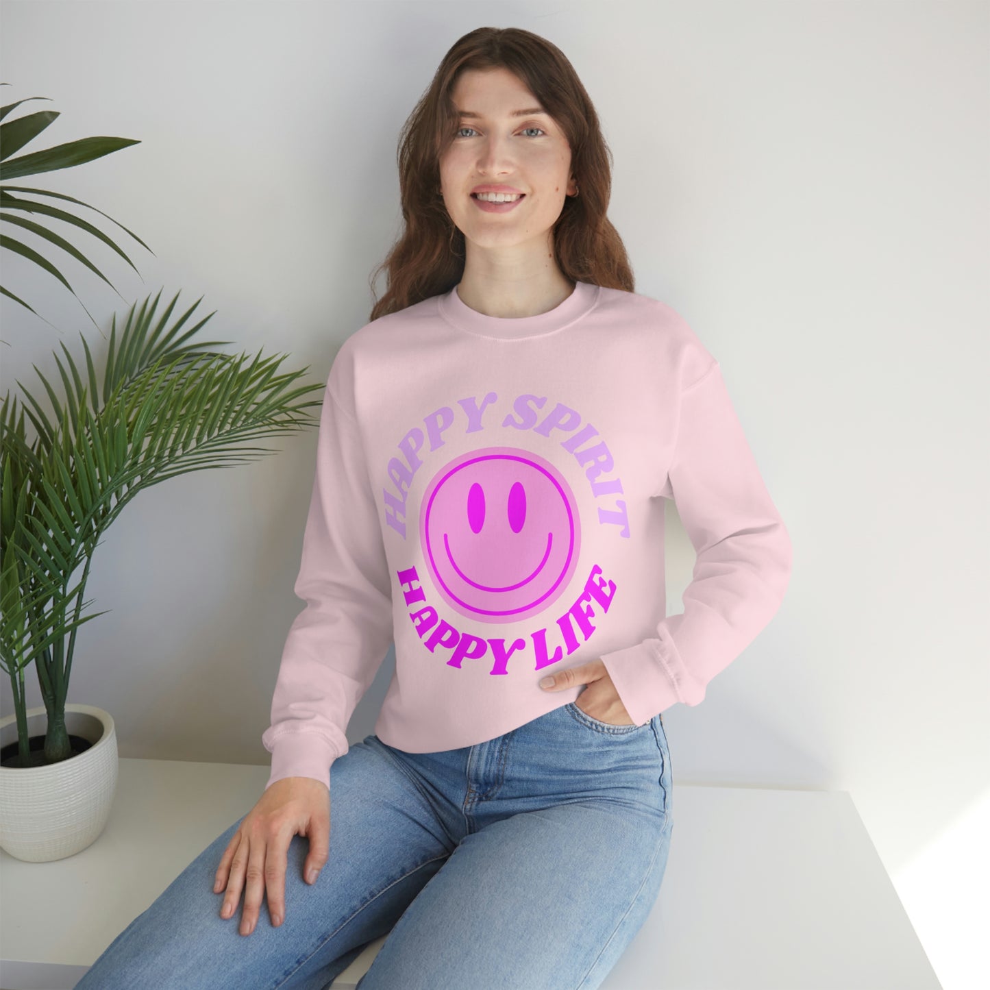 Happy Spirit Happy Life Sweatshirt, VSCO Girl Crewneck, Oversized Retro Font Graphic Tumblr, Front Print Smile Face Trendy Cover Up