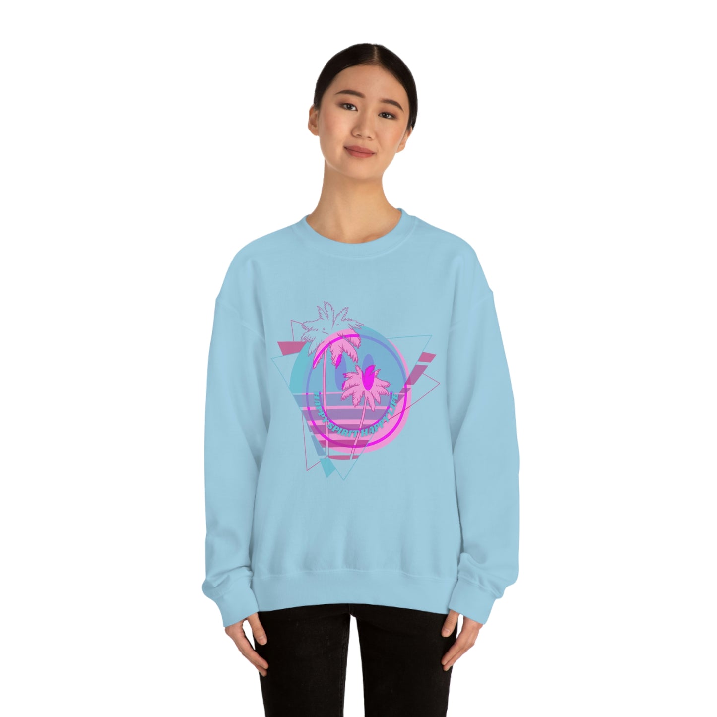 Happy Spirit Happy Life Sweatshirt, VSCO Girl Crewneck, Oversized Retro Font Graphic Tumblr, Front Print Smile Face Trendy Cover Up
