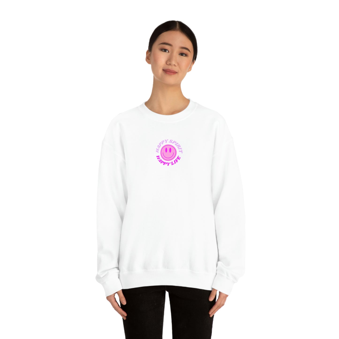 Happy Spirit Happy Life Sweatshirt, Gildan VSCO Girl Crewneck, Oversized Tumblr Front Back Print Smile Happy Mind Trendy Retro Surf Font