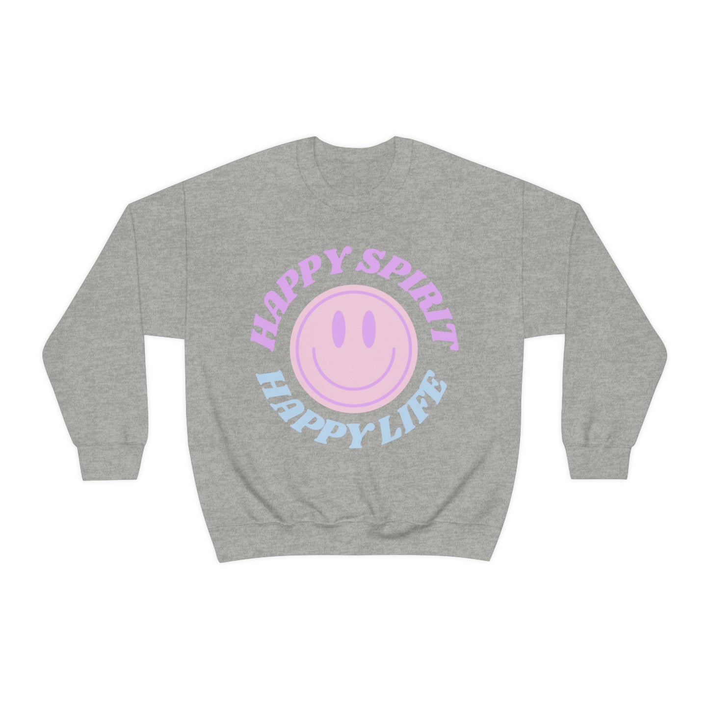 Happy Spirit Happy Life Sweatshirt, VSCO Girl Crewneck, Oversized Retro Font Graphic Tumblr, Front Print Smile Face Trendy Cover Up