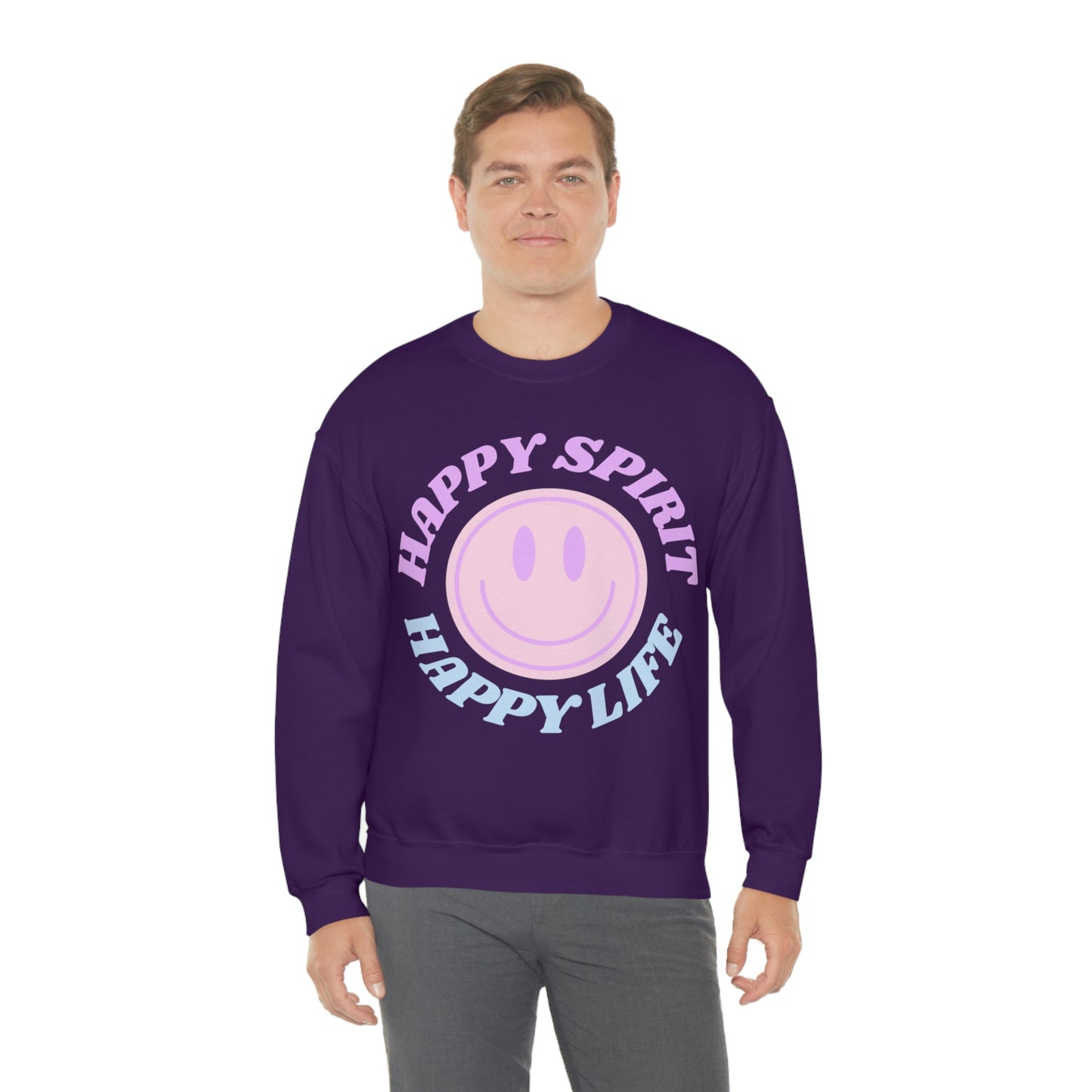Happy Spirit Happy Life Sweatshirt, VSCO Girl Crewneck, Oversized Retro Font Graphic Tumblr, Front Print Smile Face Trendy Cover Up