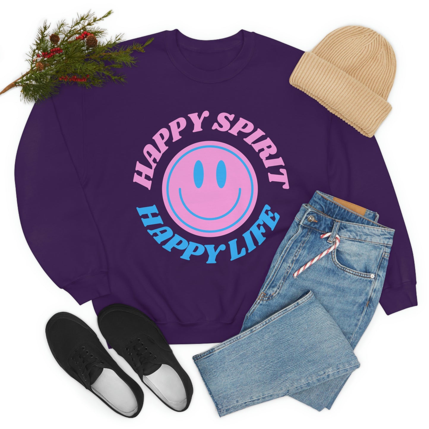Happy Spirit Happy Life Sweatshirt, VSCO Girl Crewneck, Oversized Retro Font Graphic Tumblr, Front Print Smile Face Trendy Cover Up
