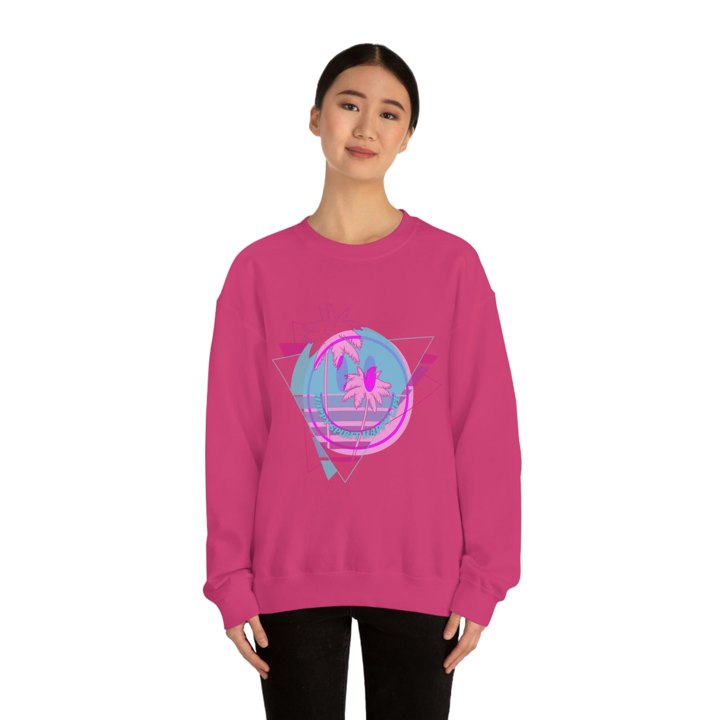 Happy Spirit Happy Life Sweatshirt, VSCO Girl Crewneck, Oversized Retro Font Graphic Tumblr, Front Print Smile Face Trendy Cover Up