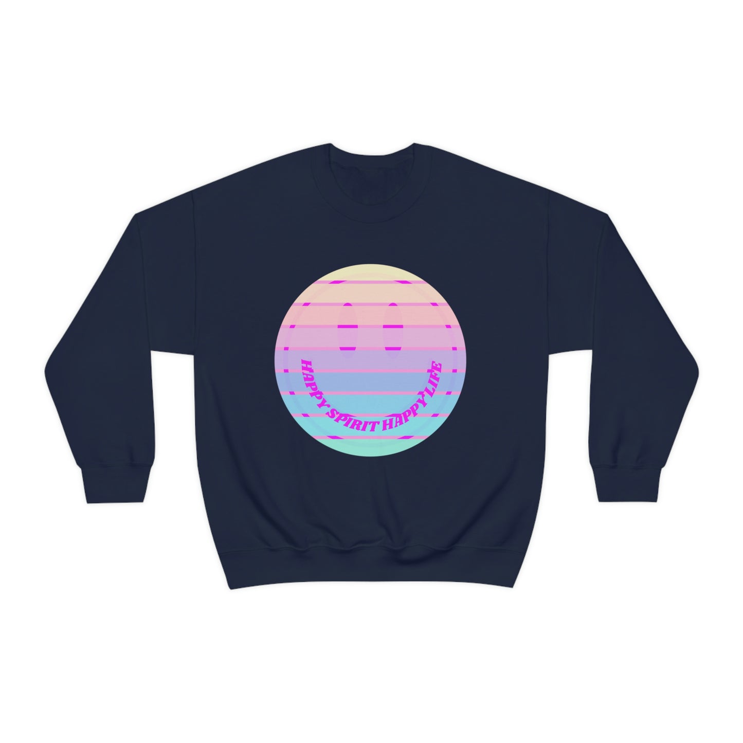 Happy Spirit Happy Life Sweatshirt, VSCO Girl Crewneck, Oversized Retro Font Graphic Tumblr, Front Print Smile Face Trendy Cover Up