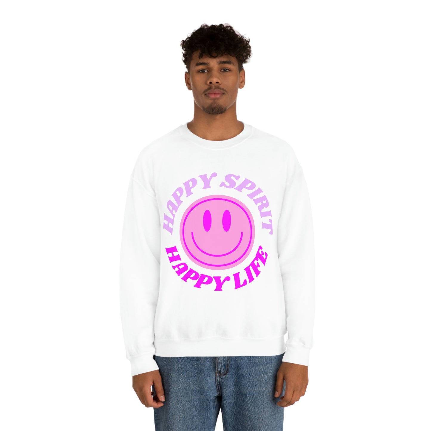 Happy Spirit Happy Life Sweatshirt, VSCO Girl Crewneck, Oversized Retro Font Graphic Tumblr, Front Print Smile Face Trendy Cover Up