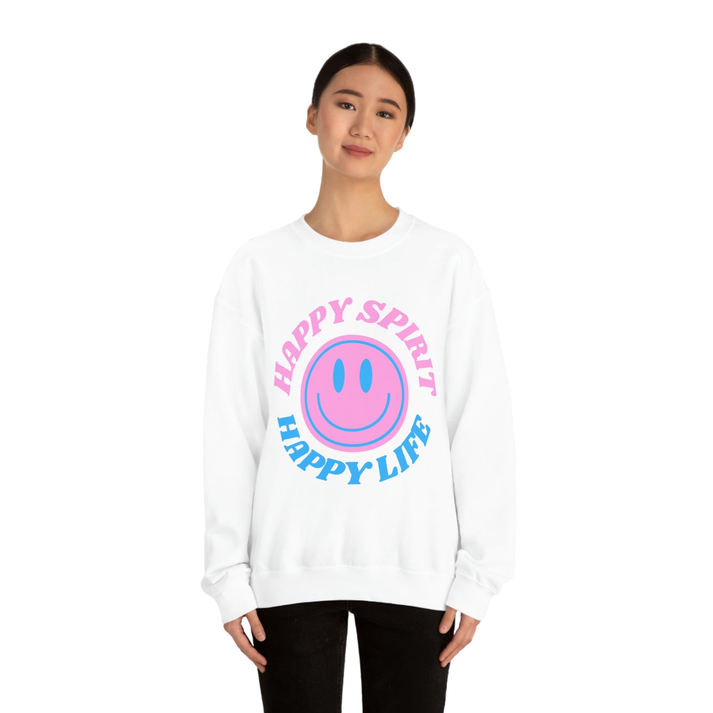 Happy Spirit Happy Life Sweatshirt, VSCO Girl Crewneck, Oversized Retro Font Graphic Tumblr, Front Print Smile Face Trendy Cover Up