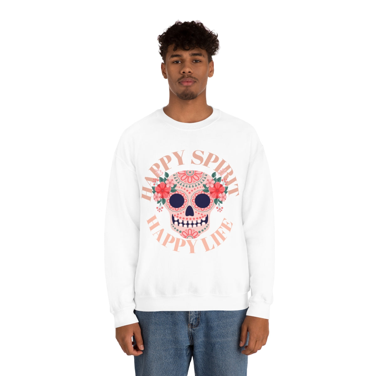 Dia De Los Muertos Crewneck Sweatshirt, Day of the Dead Gift, Happy Spirit Happy Life, Honoring the Dead Aesthetic Candy Skull, Sugar Skull