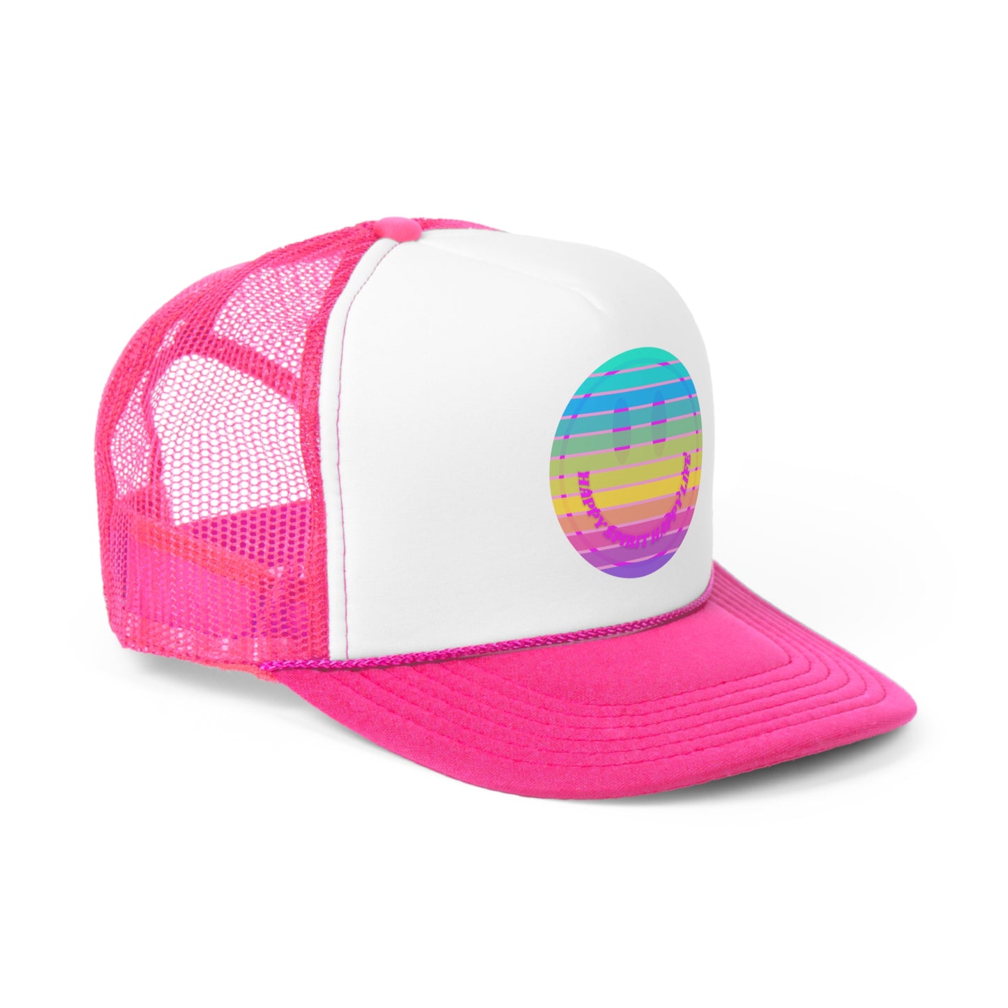 Hat Happy Spirit Happy Life, Aesthetic Retro Sunset Hat, Smile Tumblr Hat, Graphic Trendy Trucker Pink Hat, Vsco Girl, Baseball Hat