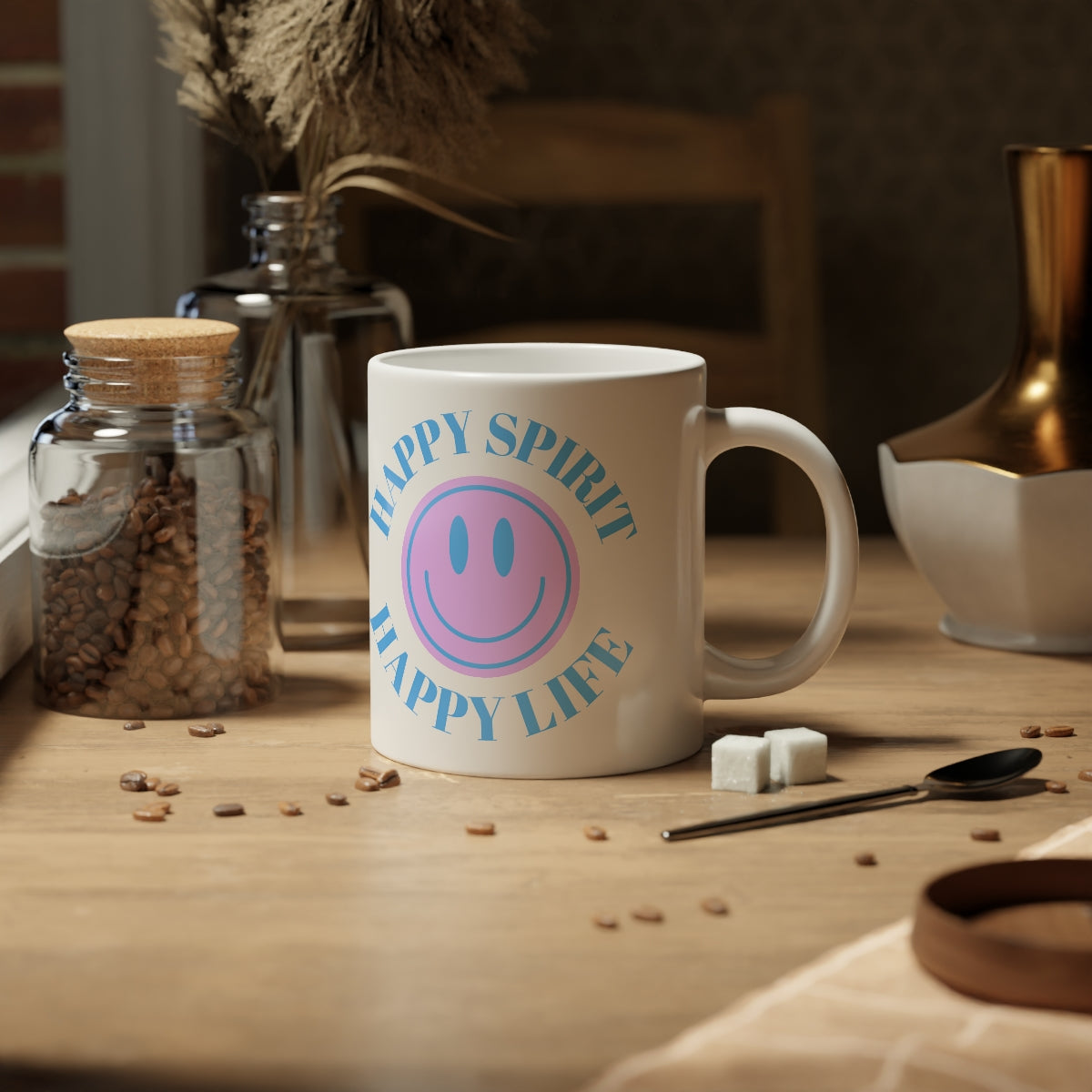 Happy Spirit Happy Life Aesthetic Large Mug, Smiley Face Mug, Trendy Coffee Huge Mug, Tumblr, Aesthetic Happy Life Gift, Happy Life Jumbo