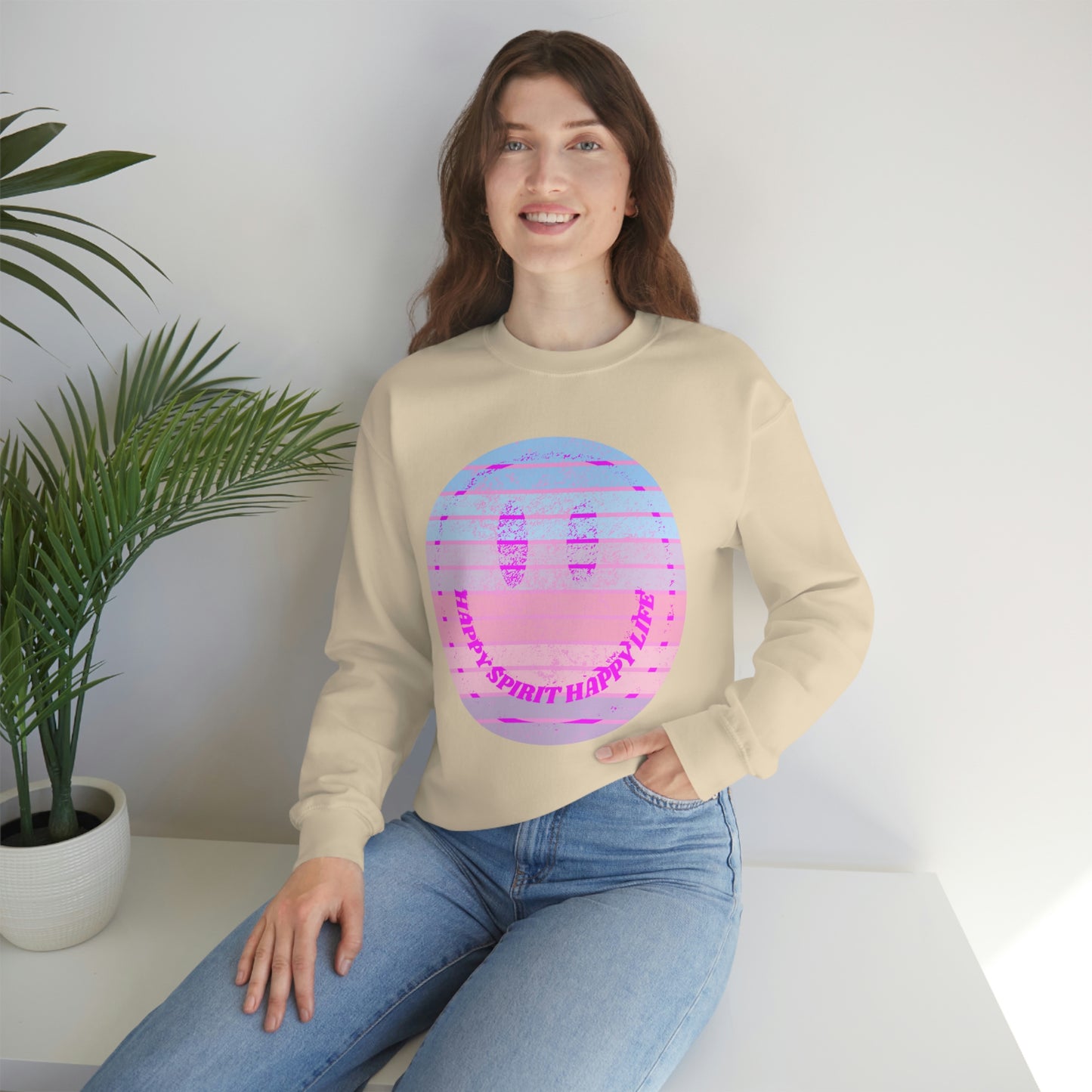 Happy Spirit Happy Life Sweatshirt, VSCO Girl Crewneck, Oversized Retro Font Graphic Tumblr, Front Print Smile Face Trendy Cover Up