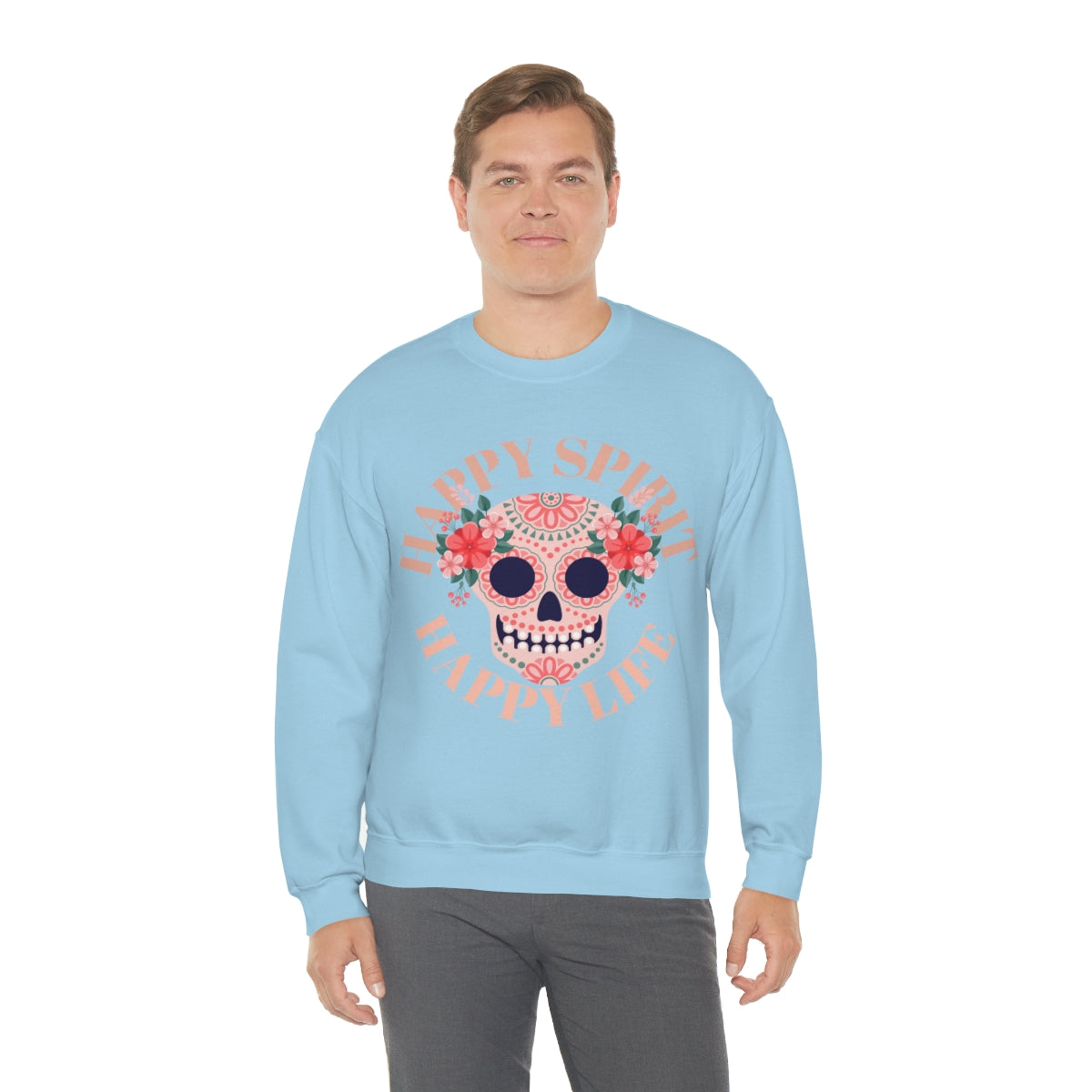 Dia De Los Muertos Crewneck Sweatshirt, Day of the Dead Gift, Happy Spirit Happy Life, Honoring the Dead Aesthetic Candy Skull, Sugar Skull