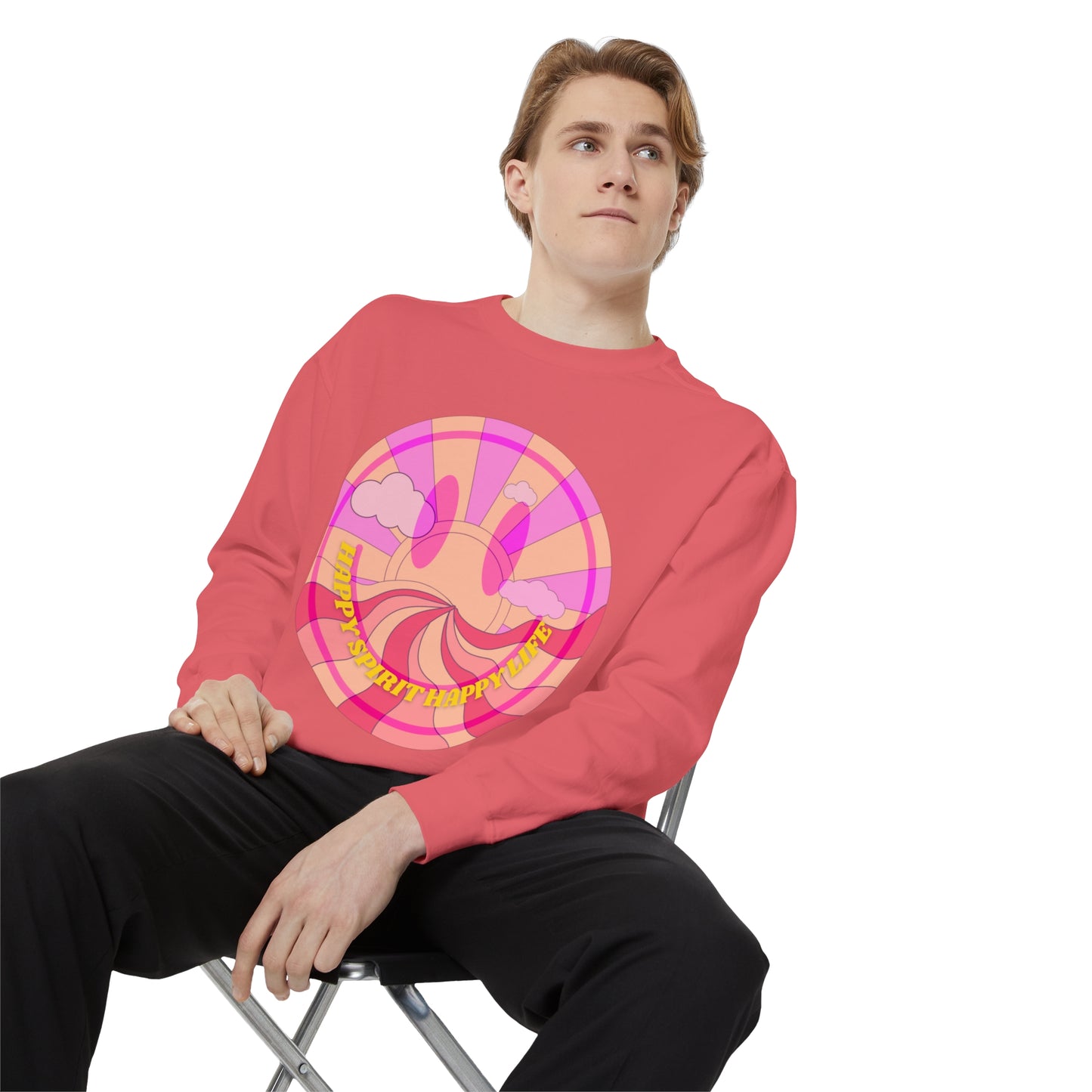 Aesthetic Smile Hoodie, Smile Face Comfort Colors Crewneck, Happy Spirit Happy Life Sunset Smile Sweatshirt, Unisex Garment-Dyed Sweatshirt