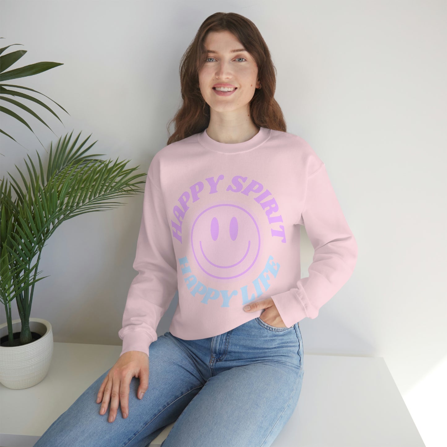 Happy Spirit Happy Life Sweatshirt, VSCO Girl Crewneck, Oversized Retro Font Graphic Tumblr, Front Print Smile Face Trendy Cover Up
