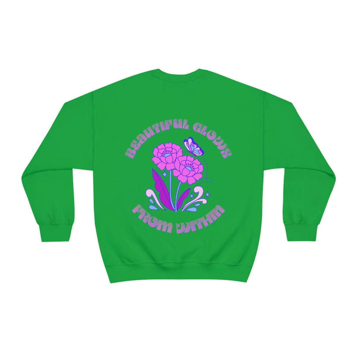 Beautiful Glows from Within Purple Flower Sweatshirt, Oversized Crewneck, Front Back Print Trendy Sweatshirt, Beach Cover Up, Lake Cover Up