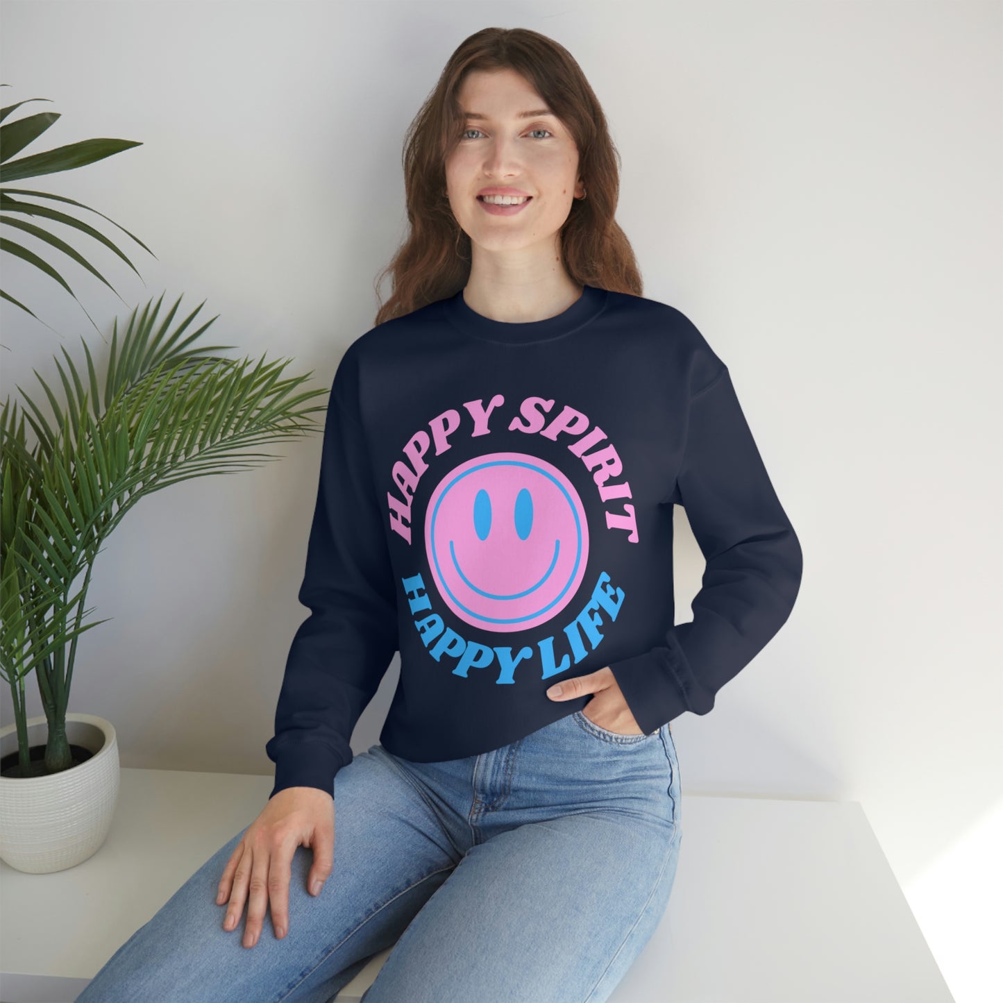 Happy Spirit Happy Life Sweatshirt, VSCO Girl Crewneck, Oversized Retro Font Graphic Tumblr, Front Print Smile Face Trendy Cover Up