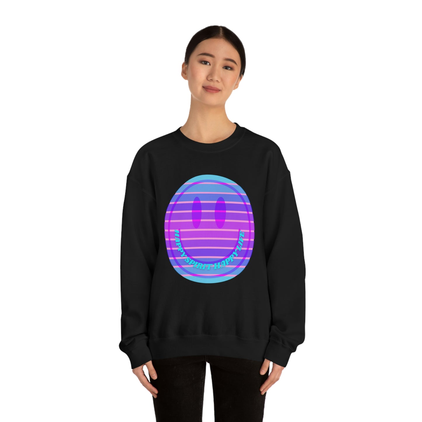 Happy Spirit Happy Life Sweatshirt, VSCO Girl Crewneck, Oversized Retro Font Graphic Tumblr, Front Print Smile Face Trendy Cover Up