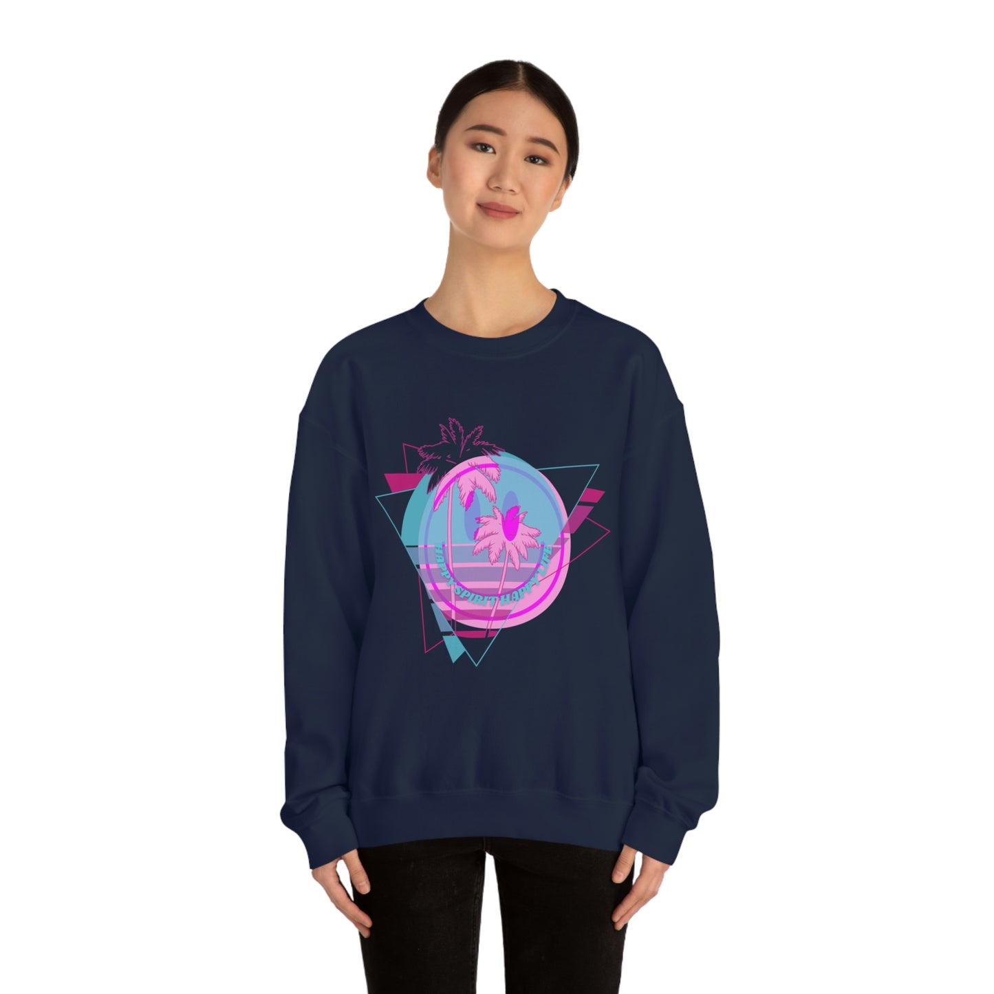 Happy Spirit Happy Life Sweatshirt, VSCO Girl Crewneck, Oversized Retro Font Graphic Tumblr, Front Print Smile Face Trendy Cover Up