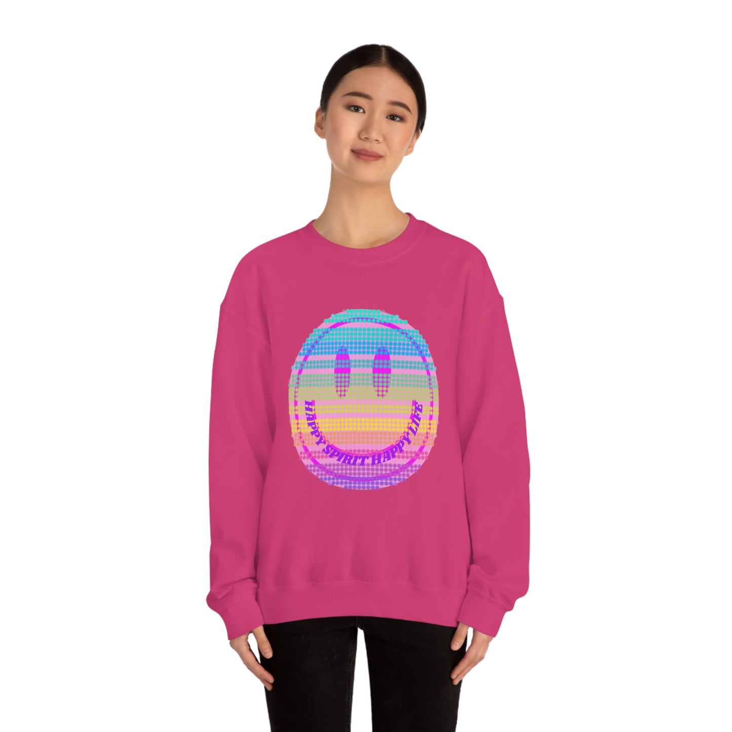 Happy Spirit Happy Life Sweatshirt, VSCO Girl Crewneck, Oversized Retro Font Graphic Tumblr, Front Print Smile Face Trendy Cover Up