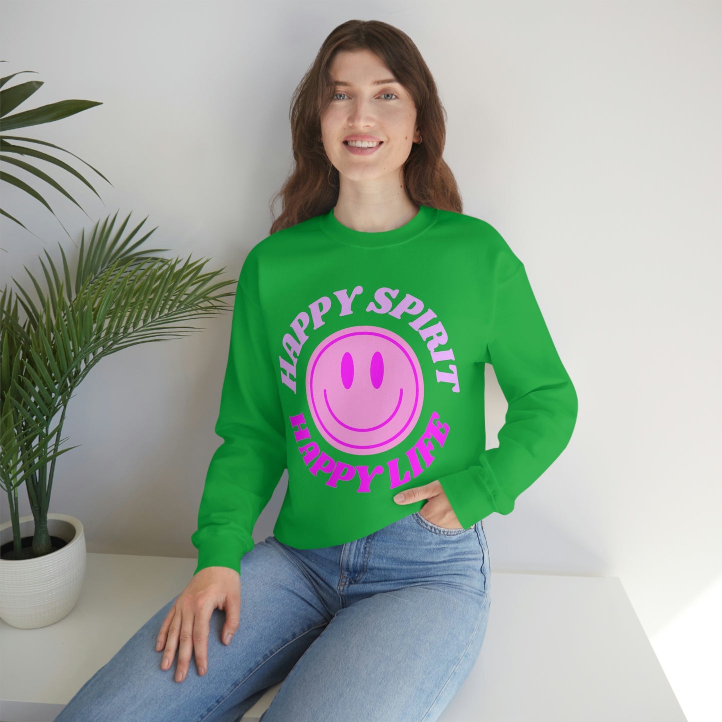 Happy Spirit Happy Life Sweatshirt, VSCO Girl Crewneck, Oversized Retro Font Graphic Tumblr, Front Print Smile Face Trendy Cover Up