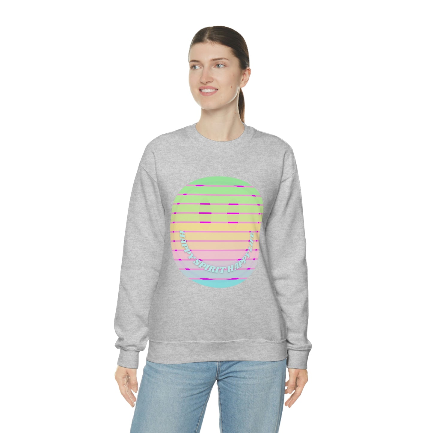 Happy Spirit Happy Life Sweatshirt, VSCO Girl Crewneck, Oversized Retro Font Graphic Tumblr, Front Print Smile Face Trendy Cover Up