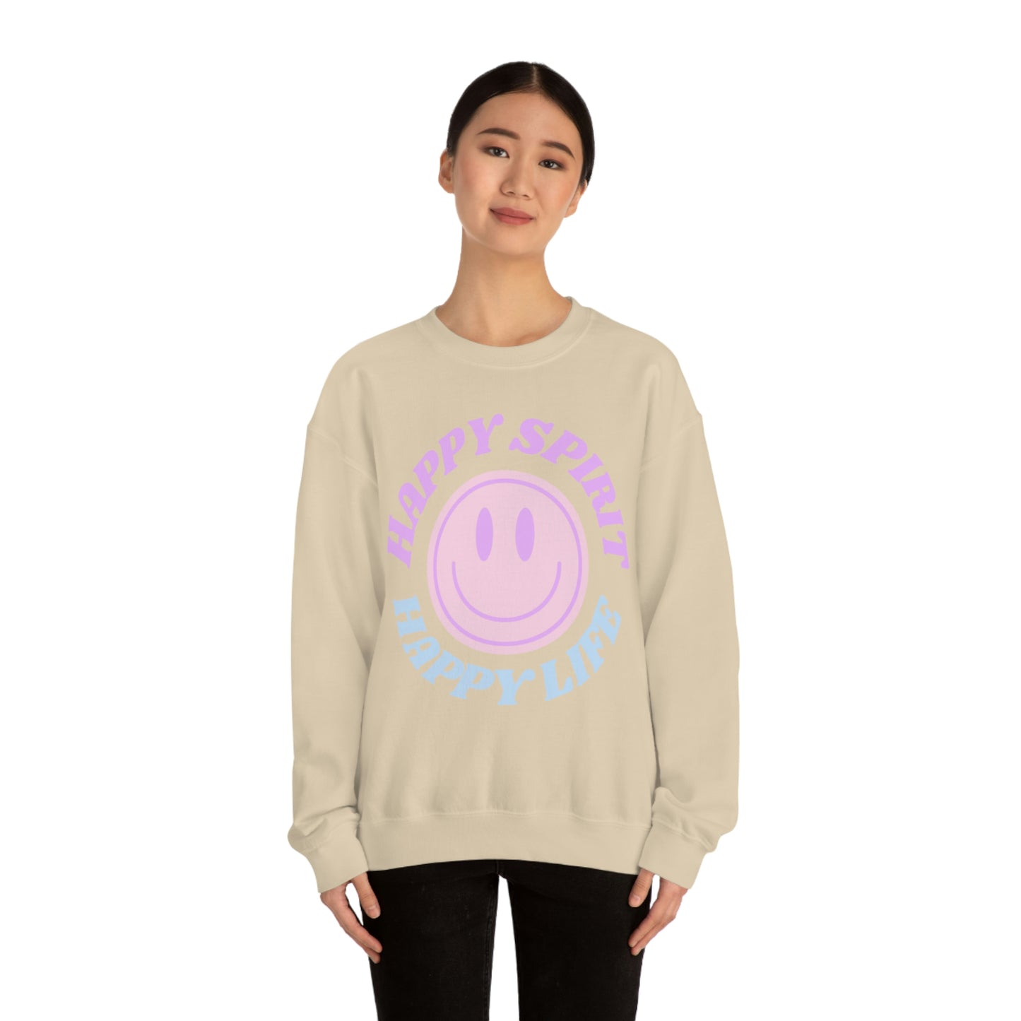 Happy Spirit Happy Life Sweatshirt, VSCO Girl Crewneck, Oversized Retro Font Graphic Tumblr, Front Print Smile Face Trendy Cover Up