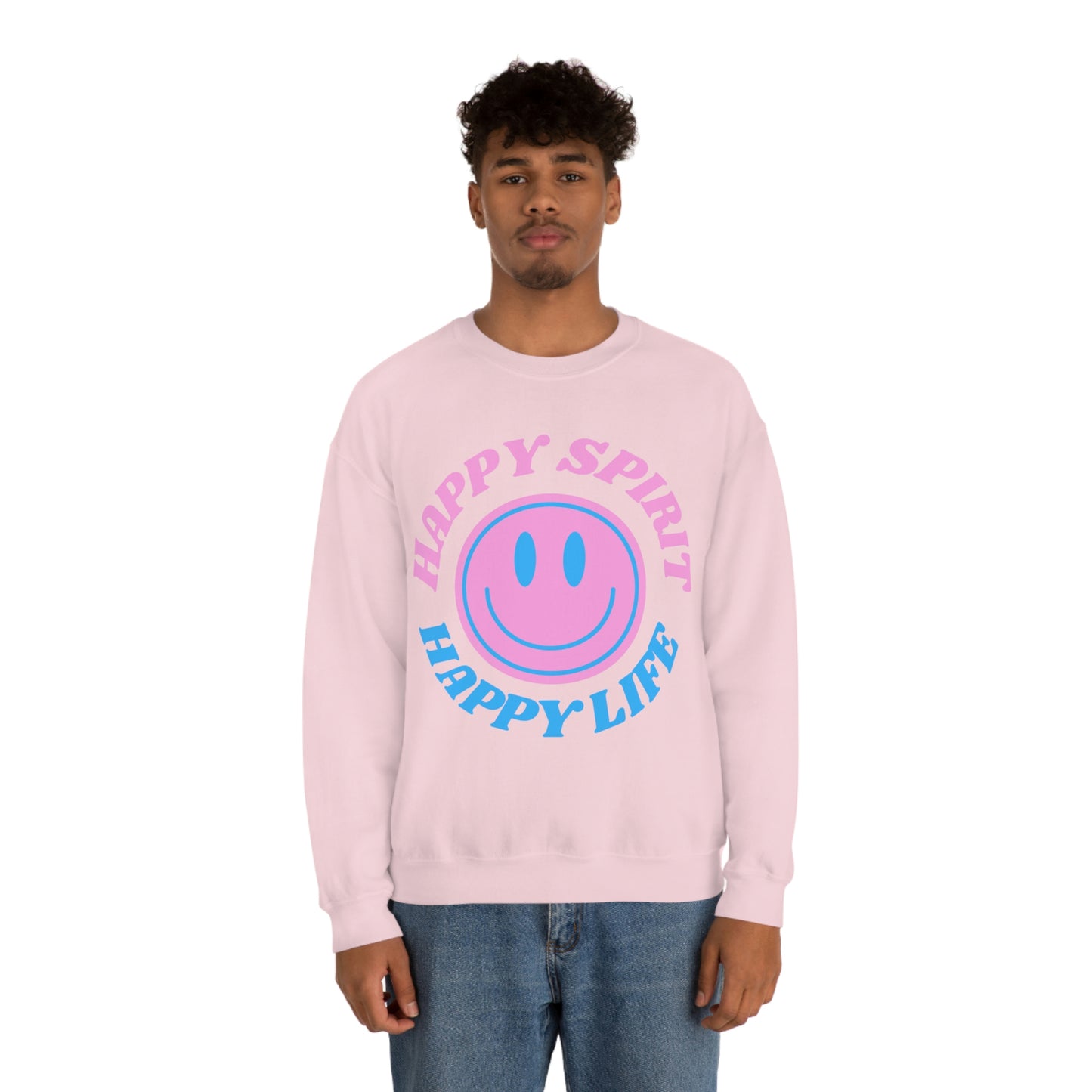 Happy Spirit Happy Life Sweatshirt, VSCO Girl Crewneck, Oversized Retro Font Graphic Tumblr, Front Print Smile Face Trendy Cover Up
