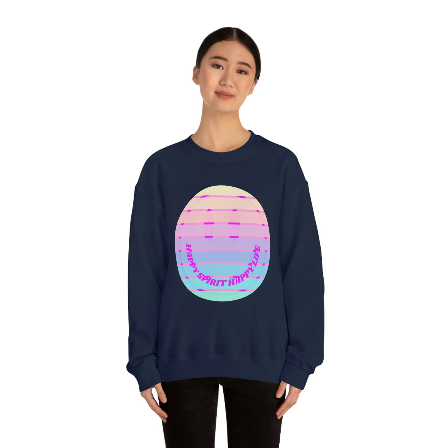 Happy Spirit Happy Life Sweatshirt, VSCO Girl Crewneck, Oversized Retro Font Graphic Tumblr, Front Print Smile Face Trendy Cover Up