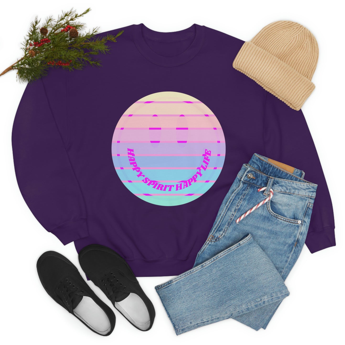 Happy Spirit Happy Life Sweatshirt, VSCO Girl Crewneck, Oversized Retro Font Graphic Tumblr, Front Print Smile Face Trendy Cover Up