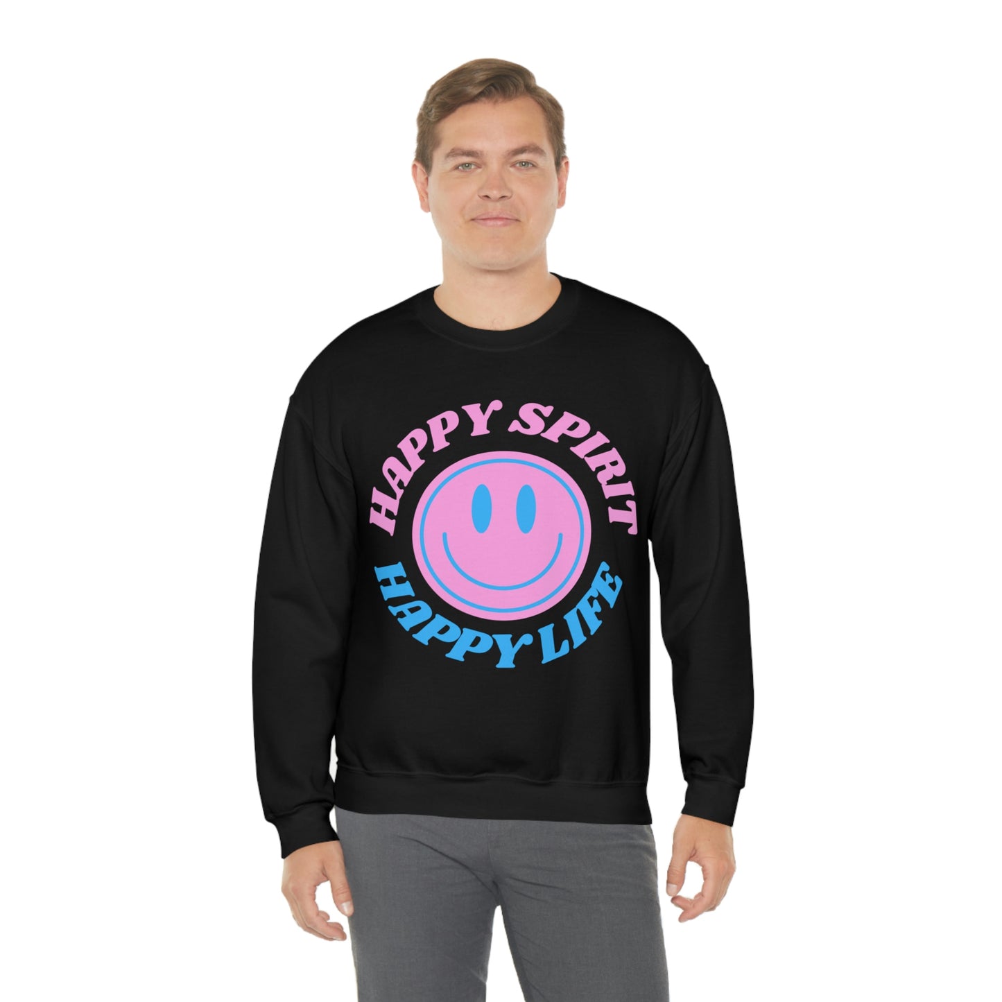 Happy Spirit Happy Life Sweatshirt, VSCO Girl Crewneck, Oversized Retro Font Graphic Tumblr, Front Print Smile Face Trendy Cover Up