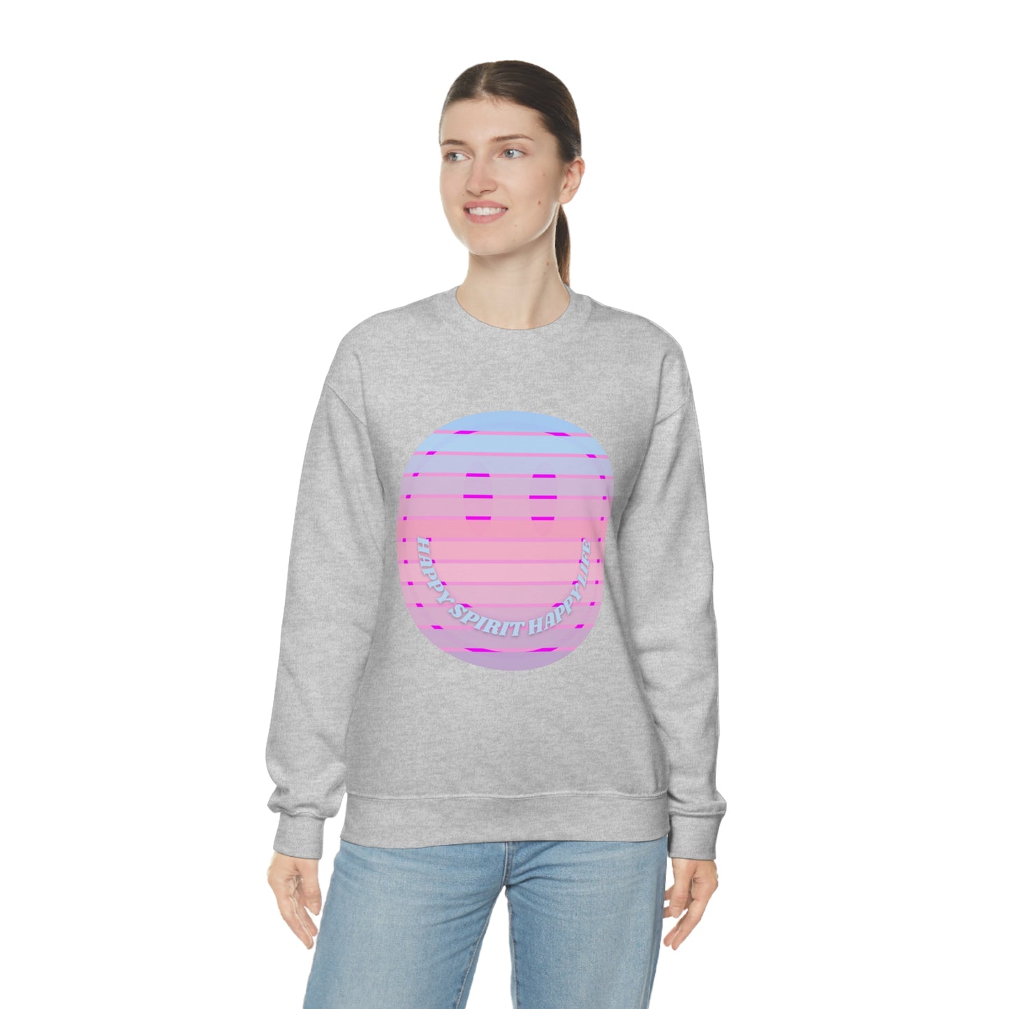 Happy Spirit Happy Life Sweatshirt, VSCO Girl Crewneck, Oversized Retro Font Graphic Tumblr, Front Print Smile Face Trendy Cover Up