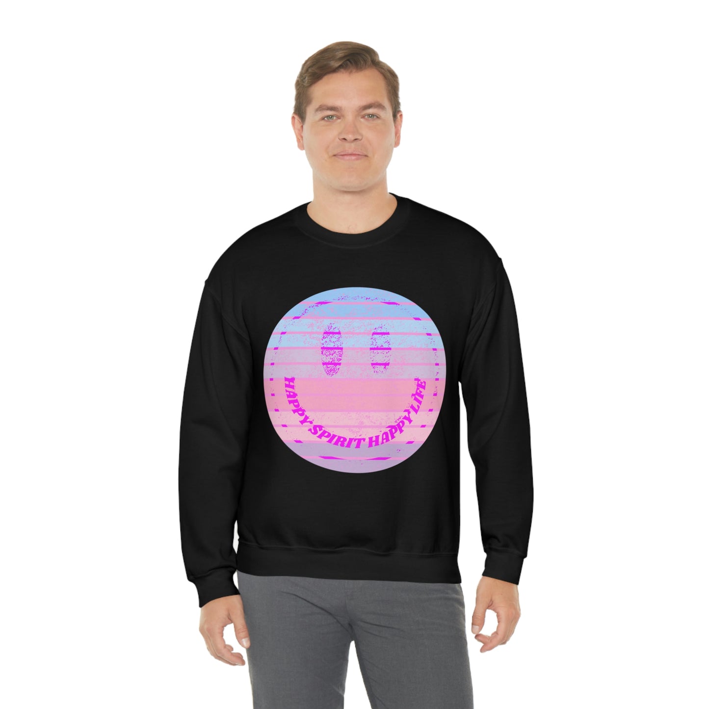 Happy Spirit Happy Life Sweatshirt, VSCO Girl Crewneck, Oversized Retro Font Graphic Tumblr, Front Print Smile Face Trendy Cover Up