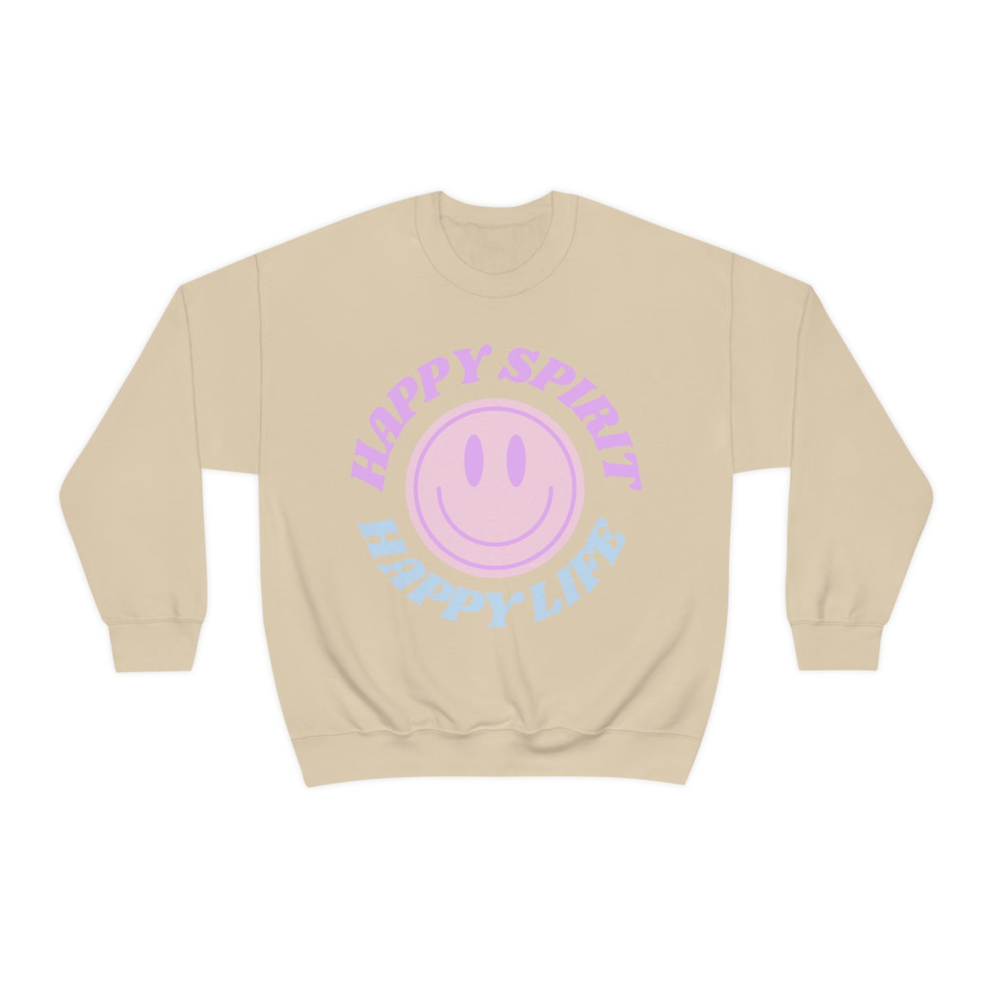 Happy Spirit Happy Life Sweatshirt, VSCO Girl Crewneck, Oversized Retro Font Graphic Tumblr, Front Print Smile Face Trendy Cover Up