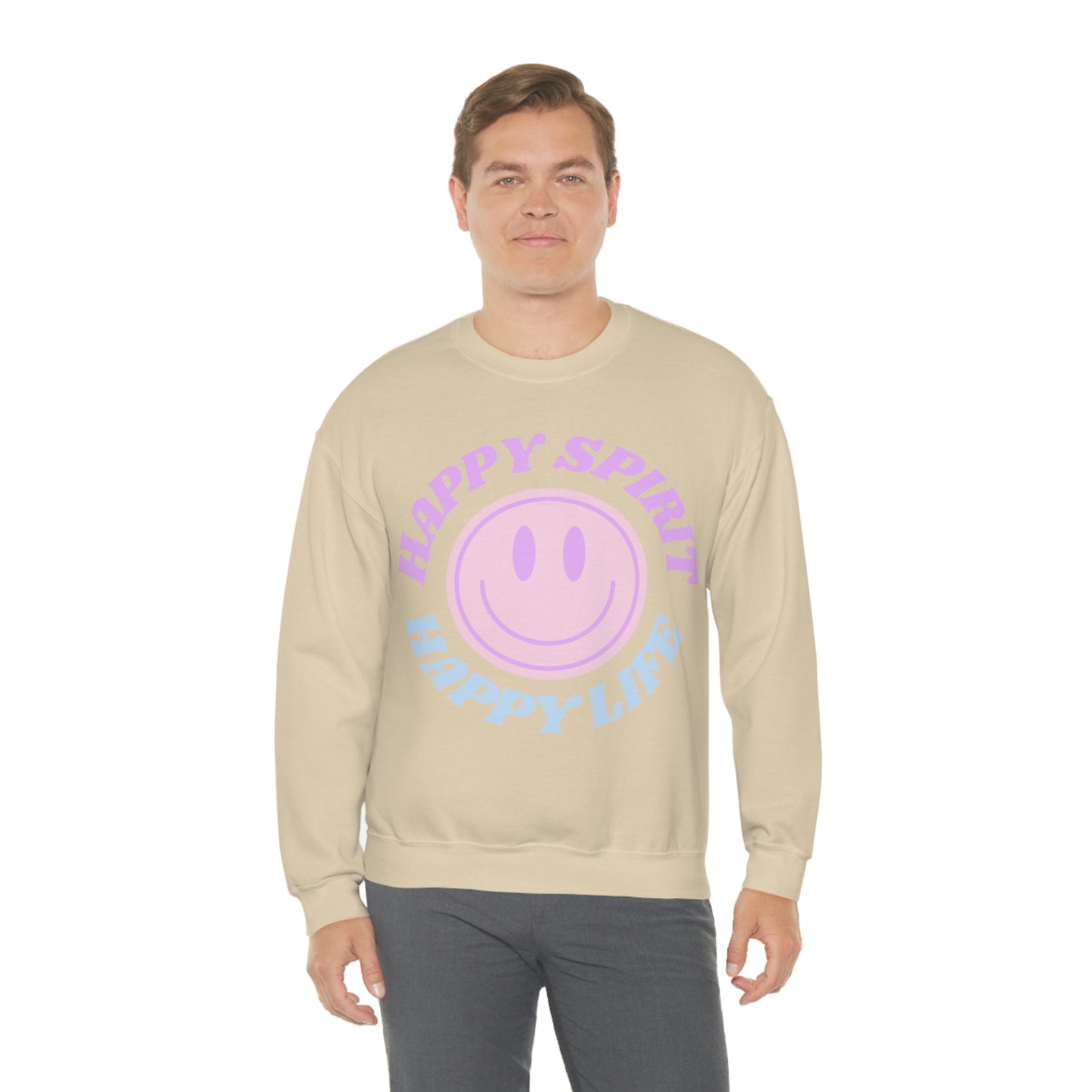 Happy Spirit Happy Life Sweatshirt, VSCO Girl Crewneck, Oversized Retro Font Graphic Tumblr, Front Print Smile Face Trendy Cover Up