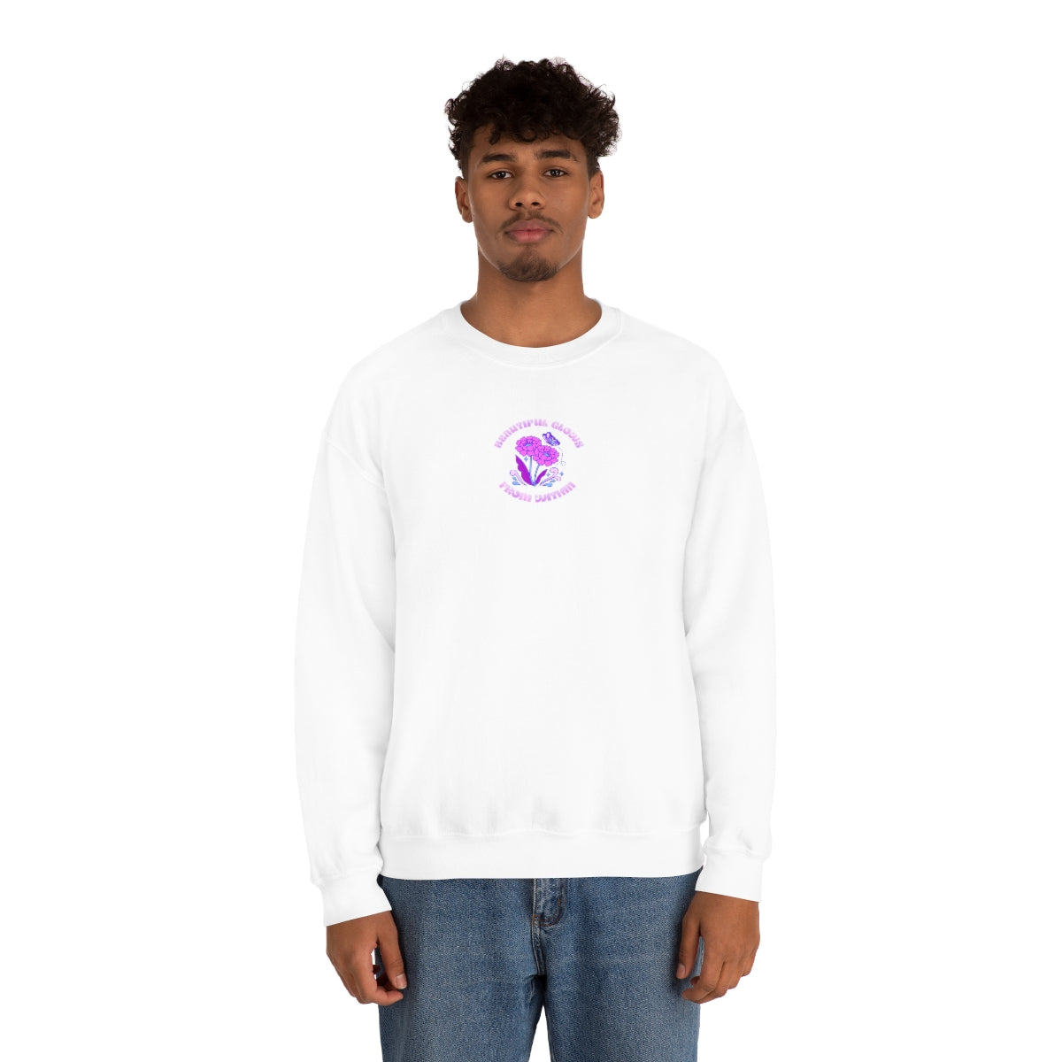 Beautiful Glows from Within Purple Flower Sweatshirt, Oversized Crewneck, Front Back Print Trendy Sweatshirt, Beach Cover Up, Lake Cover Up