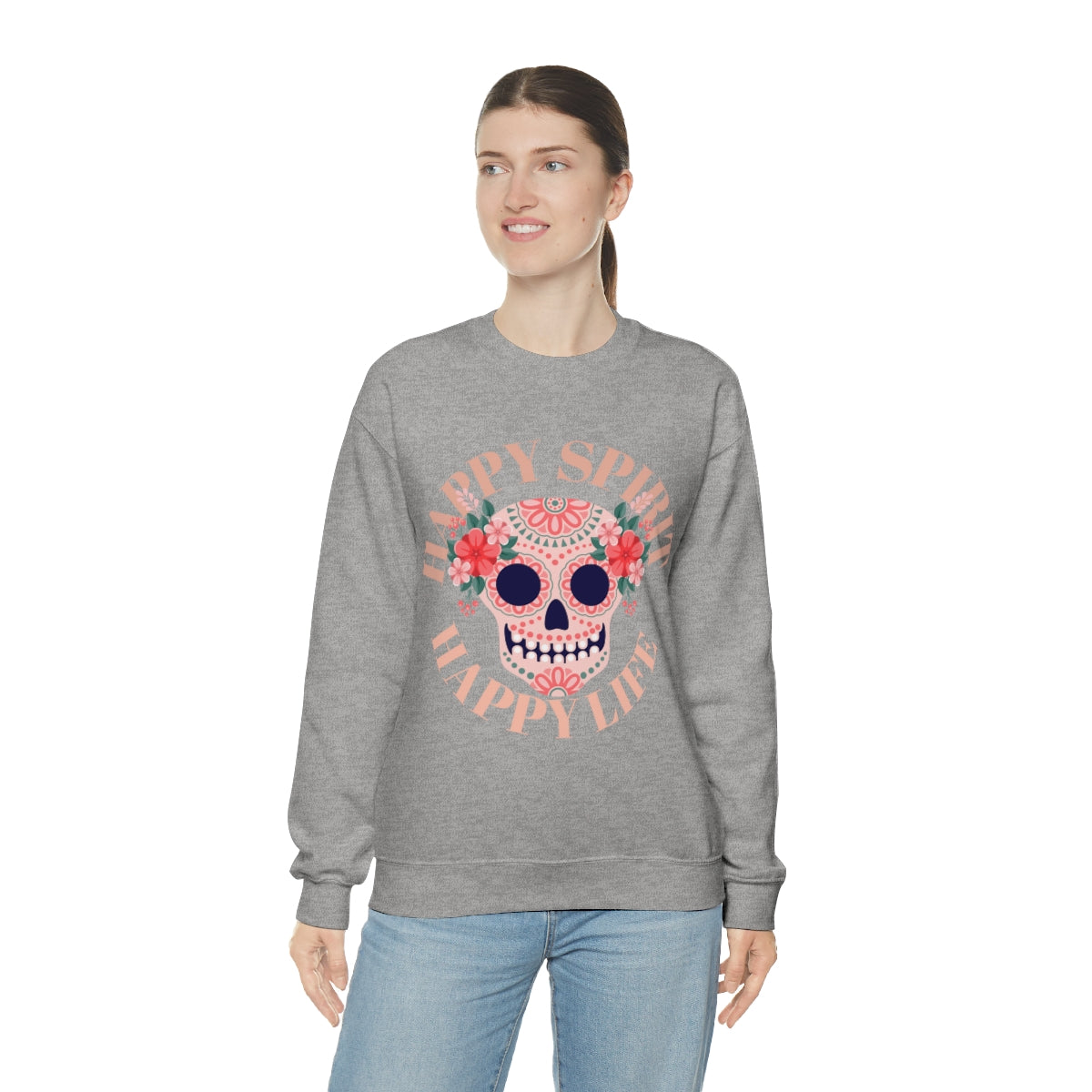 Dia De Los Muertos Crewneck Sweatshirt, Day of the Dead Gift, Happy Spirit Happy Life, Honoring the Dead Aesthetic Candy Skull, Sugar Skull