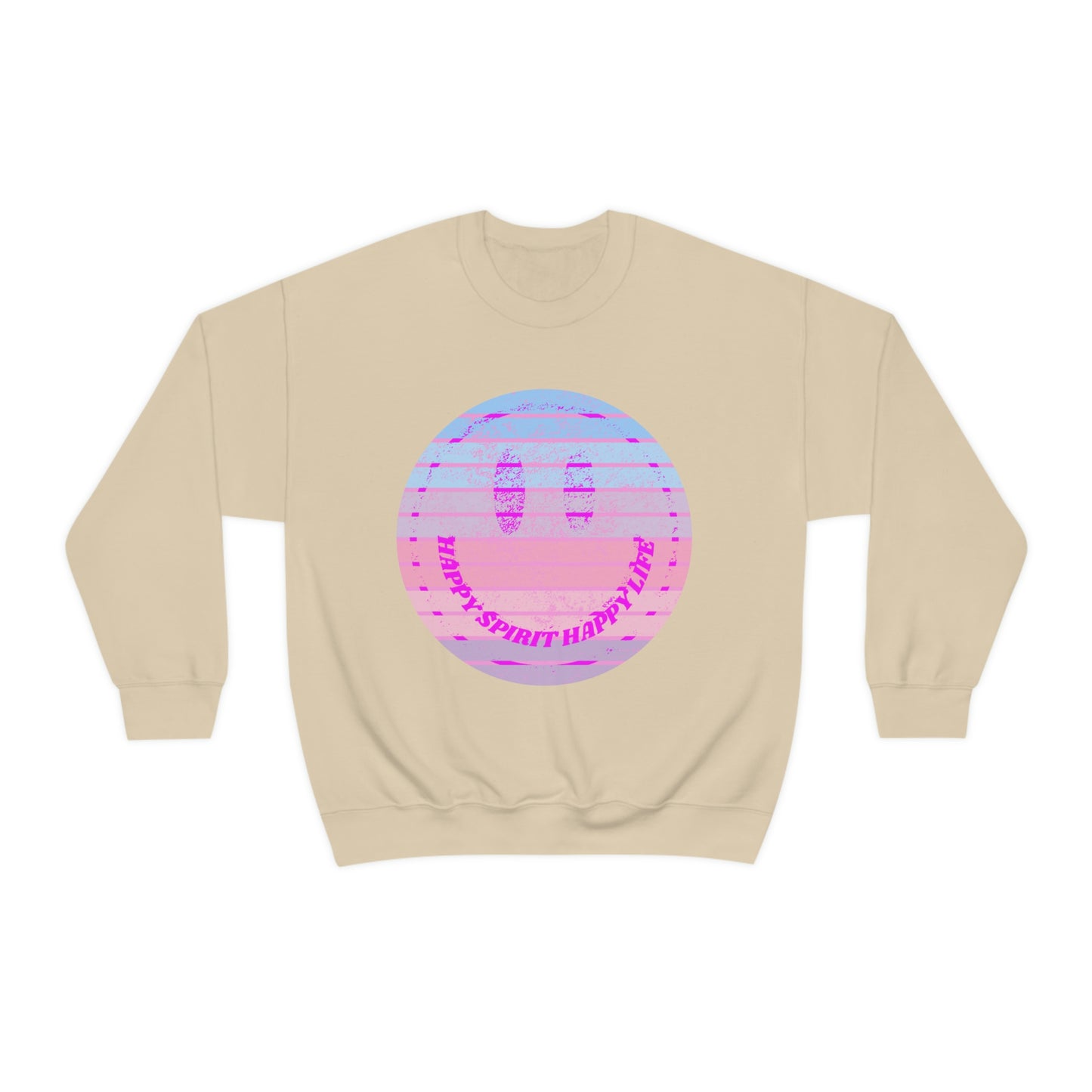 Happy Spirit Happy Life Sweatshirt, VSCO Girl Crewneck, Oversized Retro Font Graphic Tumblr, Front Print Smile Face Trendy Cover Up