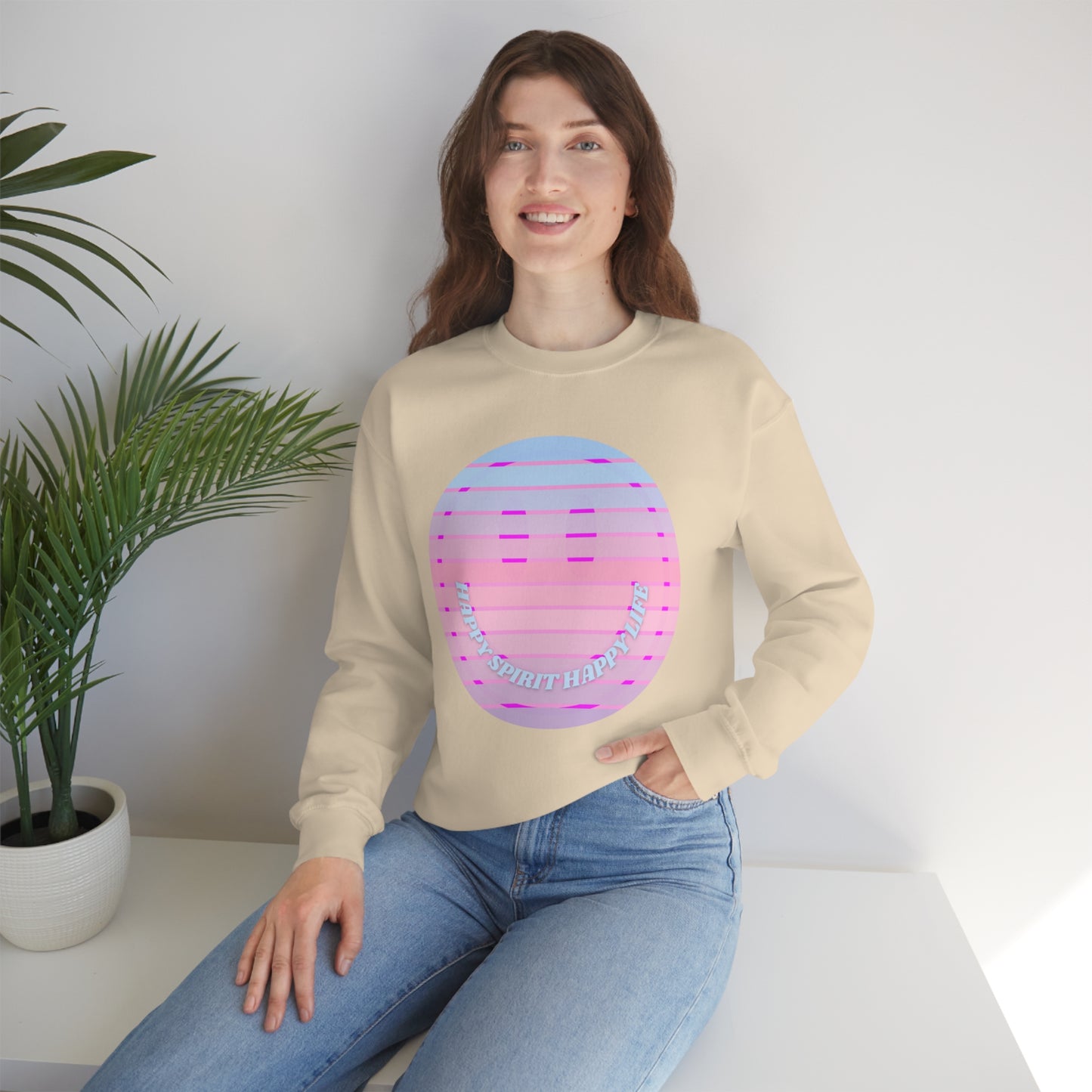Happy Spirit Happy Life Sweatshirt, VSCO Girl Crewneck, Oversized Retro Font Graphic Tumblr, Front Print Smile Face Trendy Cover Up