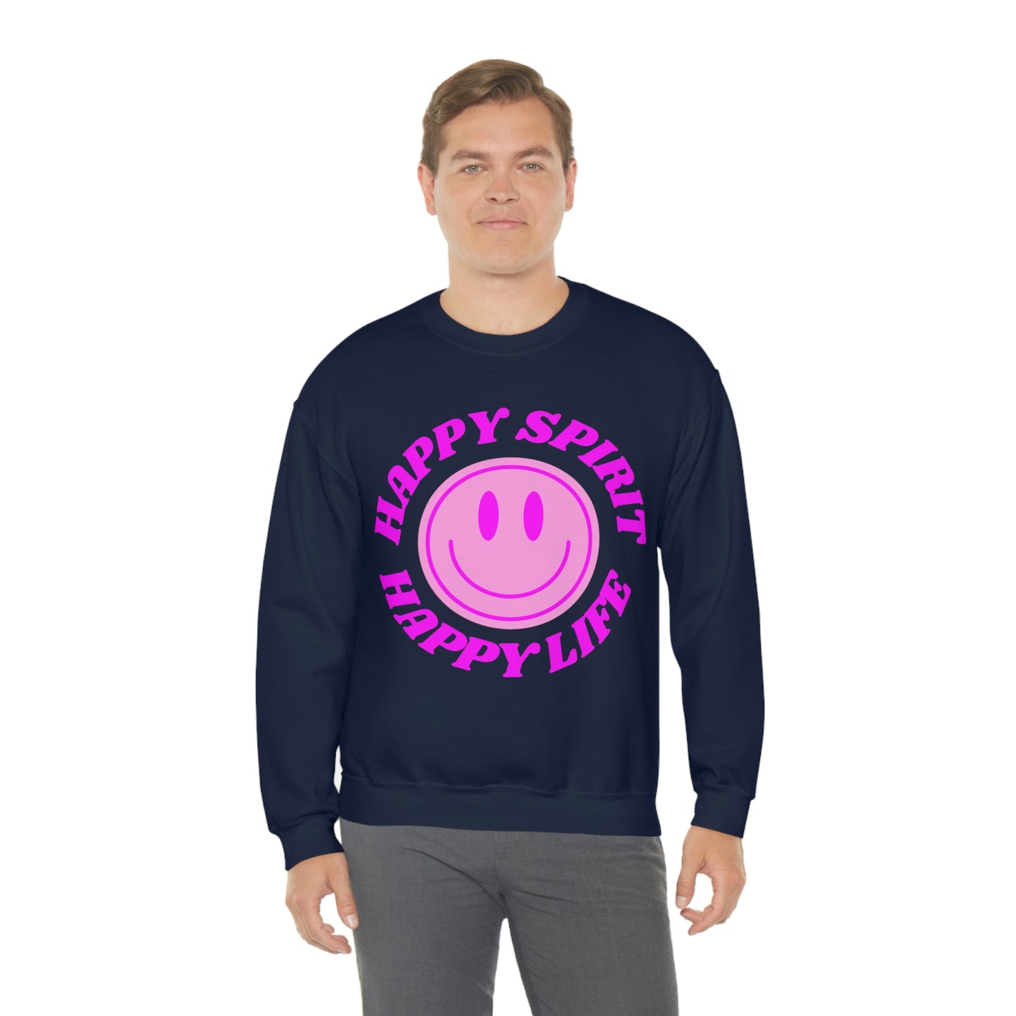 Happy Spirit Happy Life Sweatshirt, VSCO Girl Crewneck, Oversized Retro Font Graphic Tumblr, Front Print Smile Face Trendy Cover Up