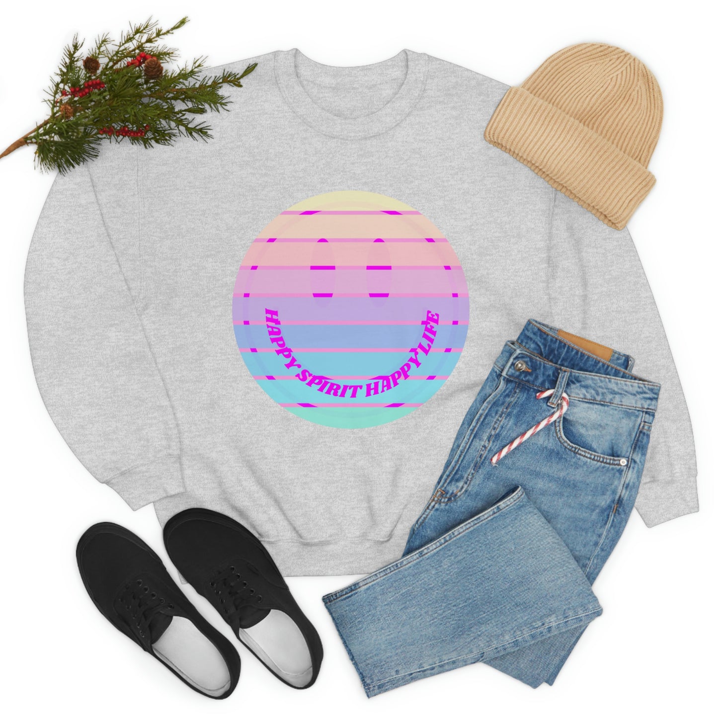 Happy Spirit Happy Life Sweatshirt, VSCO Girl Crewneck, Oversized Retro Font Graphic Tumblr, Front Print Smile Face Trendy Cover Up