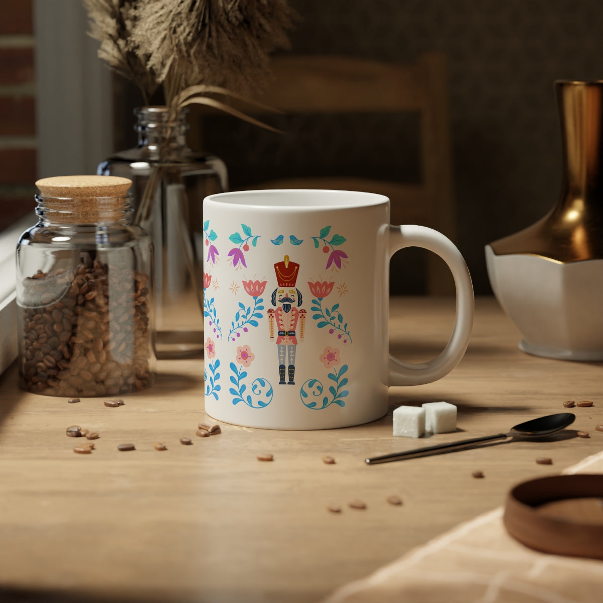Pink Flower Nutcracker Aesthetic Mug, Purple Christmas Mug, Trendy Coffee Mug, Tumblr Mug, Aesthetic Holiday Gift, Minimalist Nutcracker