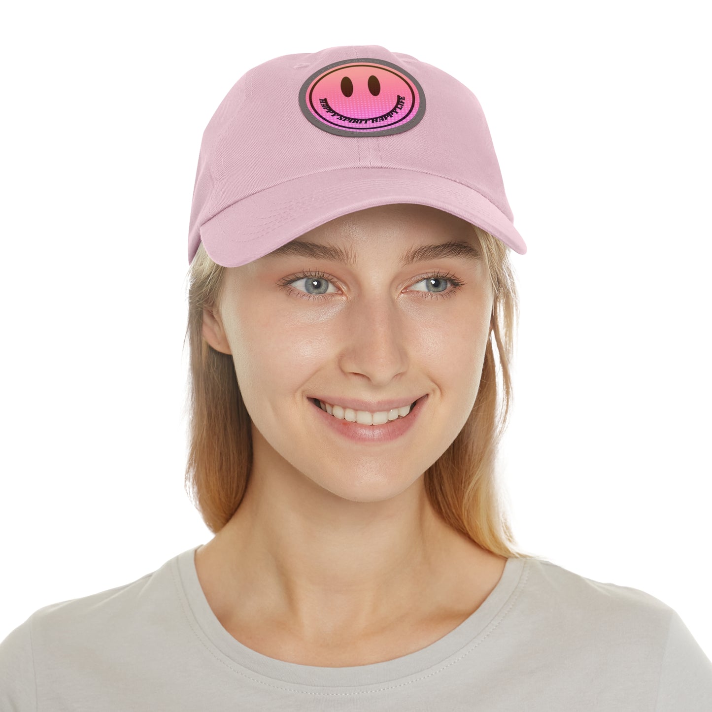 Aesthetic Pink Smile Hat, Pink Twill Dad Hat with Leather Patch (Round), Pink Golf Hat, Pink Twill Cap, Pink Cotton Hat, Pink Baseball Hat