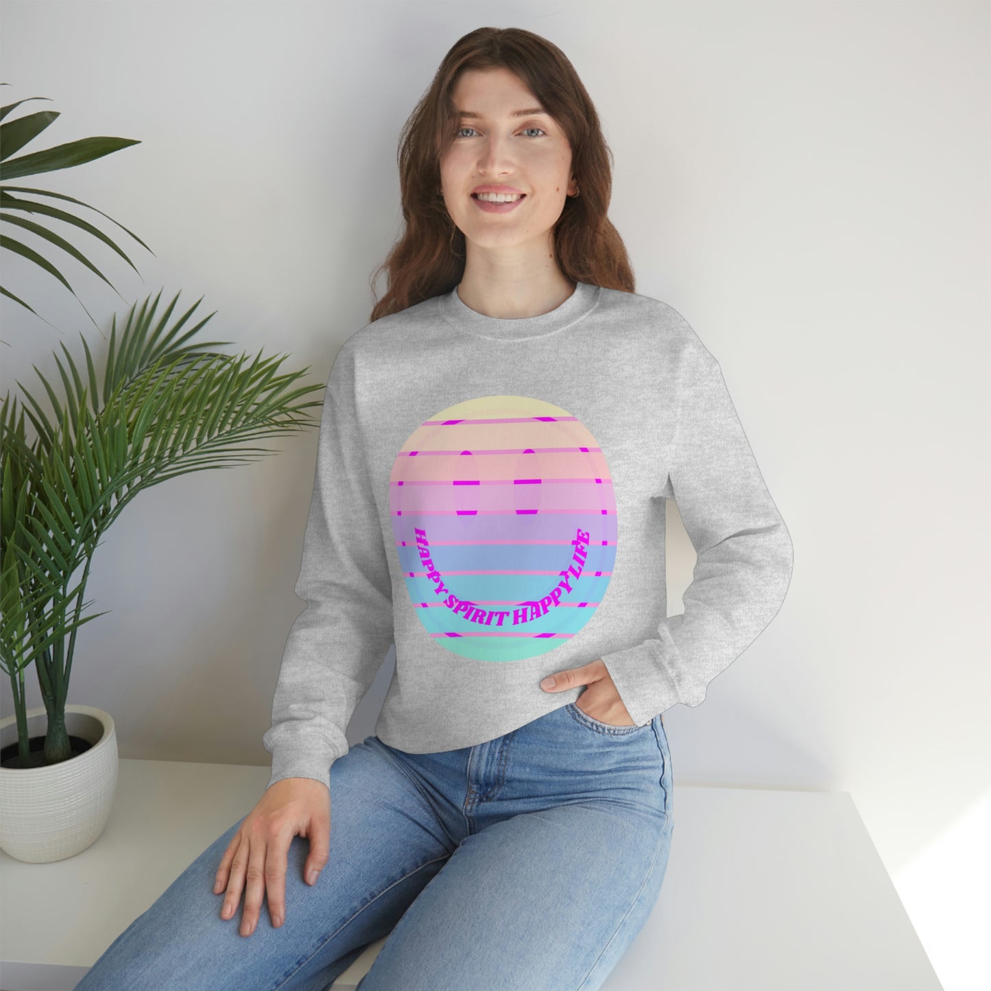 Happy Spirit Happy Life Sweatshirt, VSCO Girl Crewneck, Oversized Retro Font Graphic Tumblr, Front Print Smile Face Trendy Cover Up