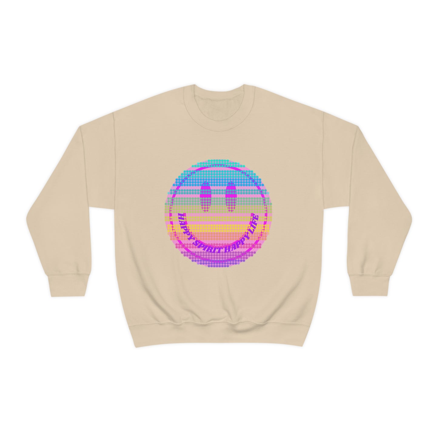 Happy Spirit Happy Life Sweatshirt, VSCO Girl Crewneck, Oversized Retro Font Graphic Tumblr, Front Print Smile Face Trendy Cover Up