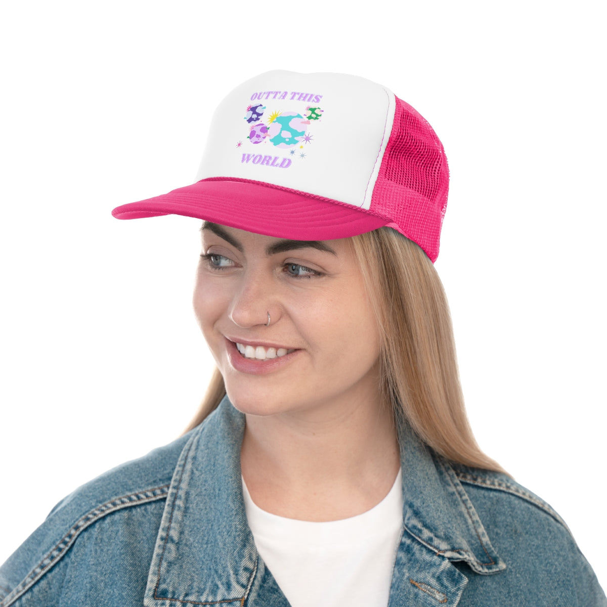 Pink Trucker Hat Outta This World - Aesthetic Hat, Flower Smile Tumblr hat, Trendy Oversized Vsco girl, Pink Graphic Trucker Hat, Base