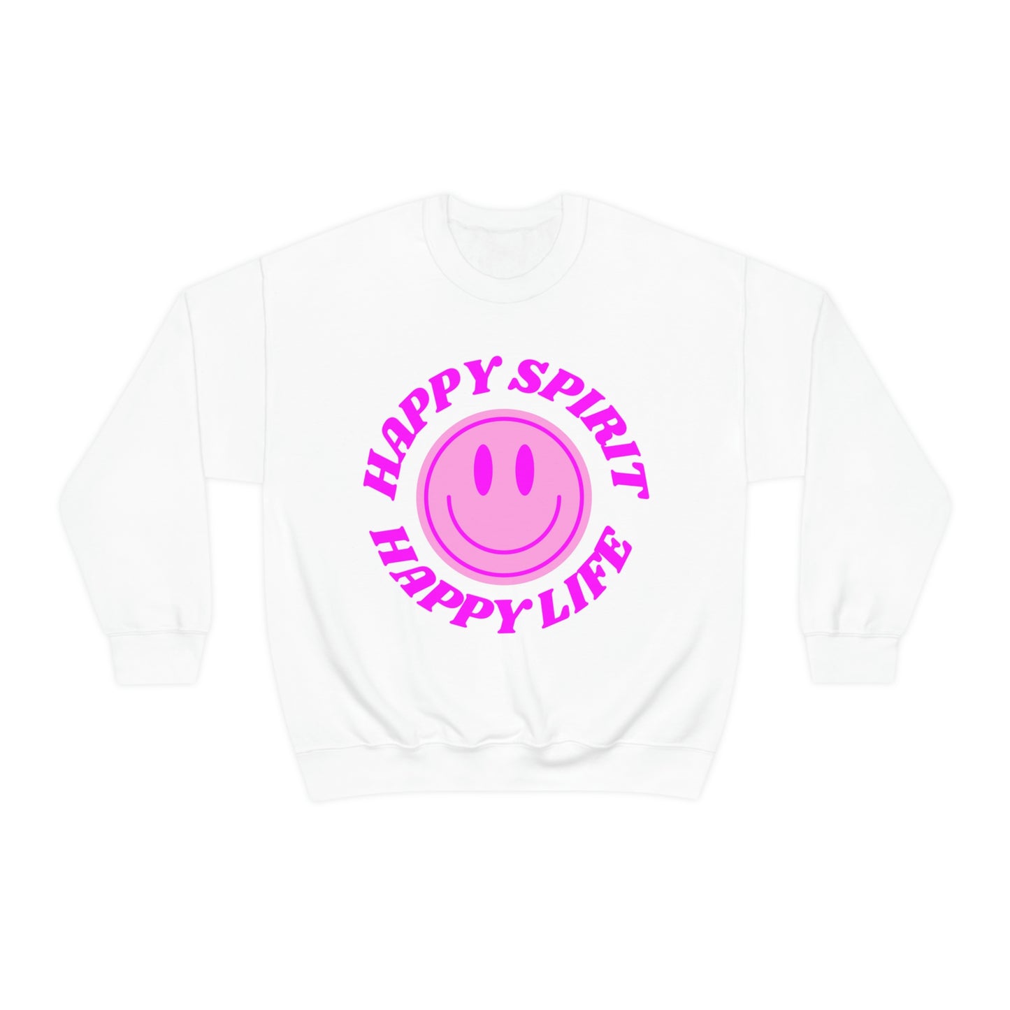 Happy Spirit Happy Life Sweatshirt, VSCO Girl Crewneck, Oversized Retro Font Graphic Tumblr, Front Print Smile Face Trendy Cover Up
