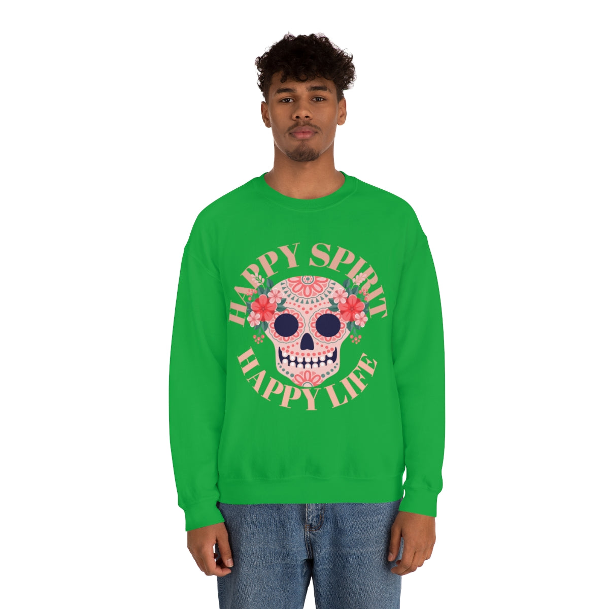 Dia De Los Muertos Crewneck Sweatshirt, Day of the Dead Gift, Happy Spirit Happy Life, Honoring the Dead Aesthetic Candy Skull, Sugar Skull